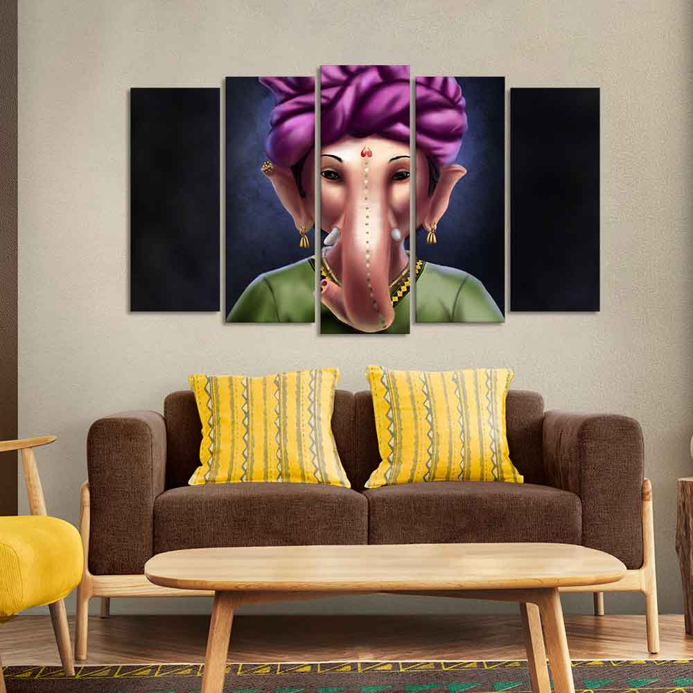 Portrait of Lord Ganesha Canvas Wall Painting Set of Five Pieces - Image 2