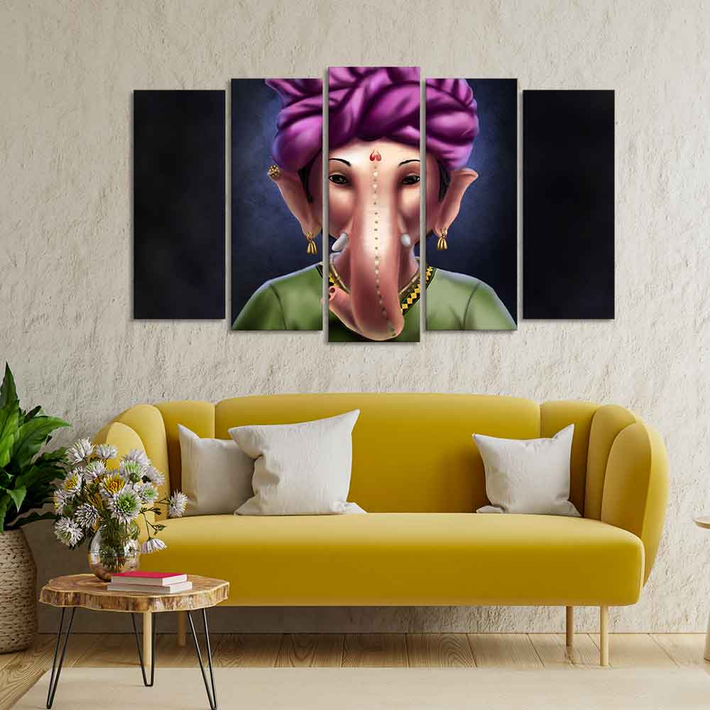Portrait of Lord Ganesha Canvas Wall Painting Set of Five Pieces - Image 3