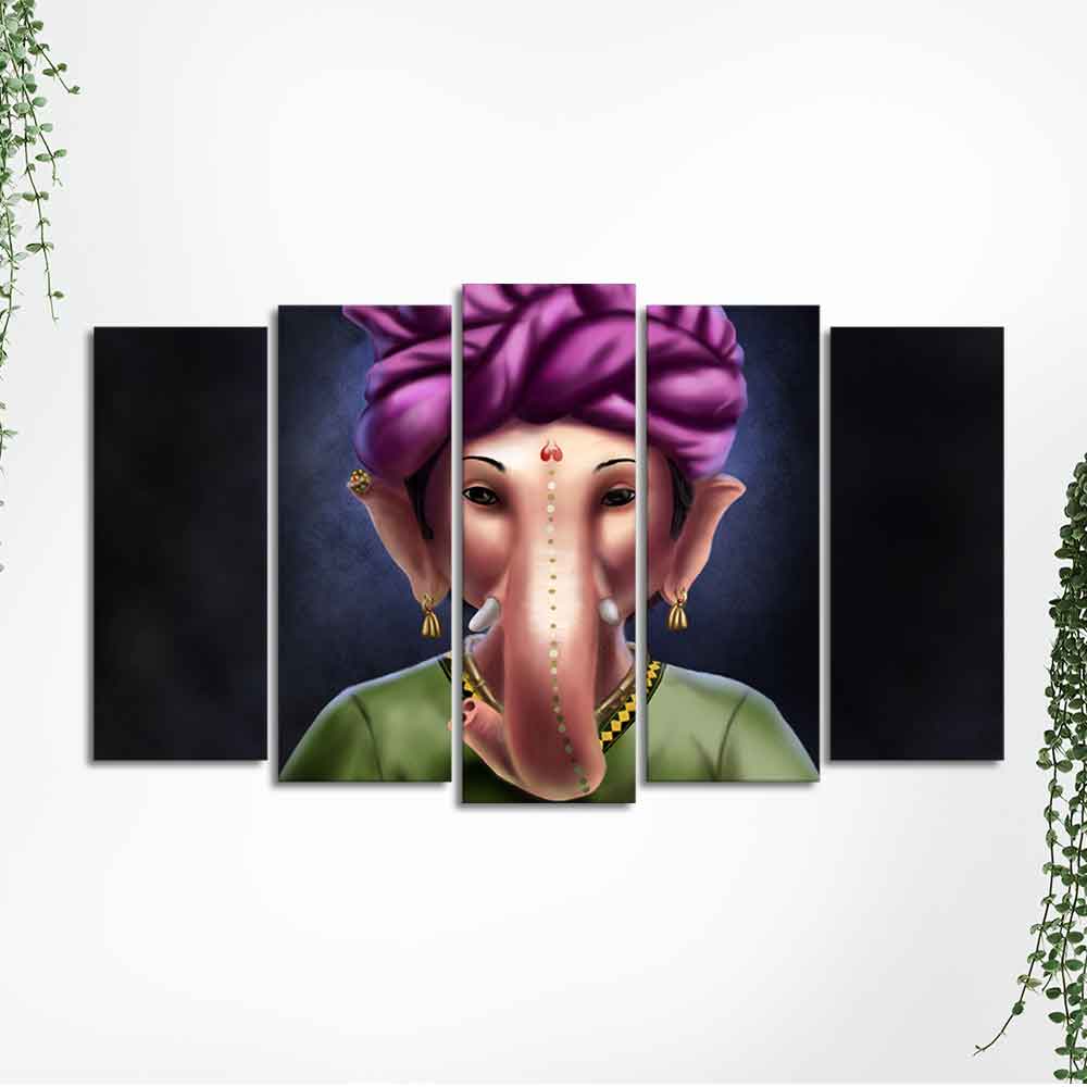 Portrait of Lord Ganesha Canvas Wall Painting Set of Five Pieces - Image 5