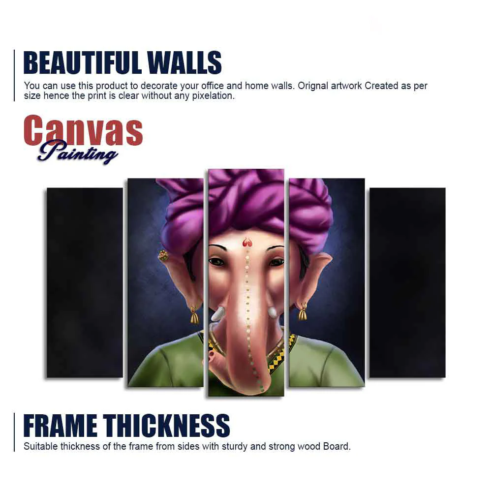 Portrait of Lord Ganesha Canvas Wall Painting Set of Five Pieces - Image 6