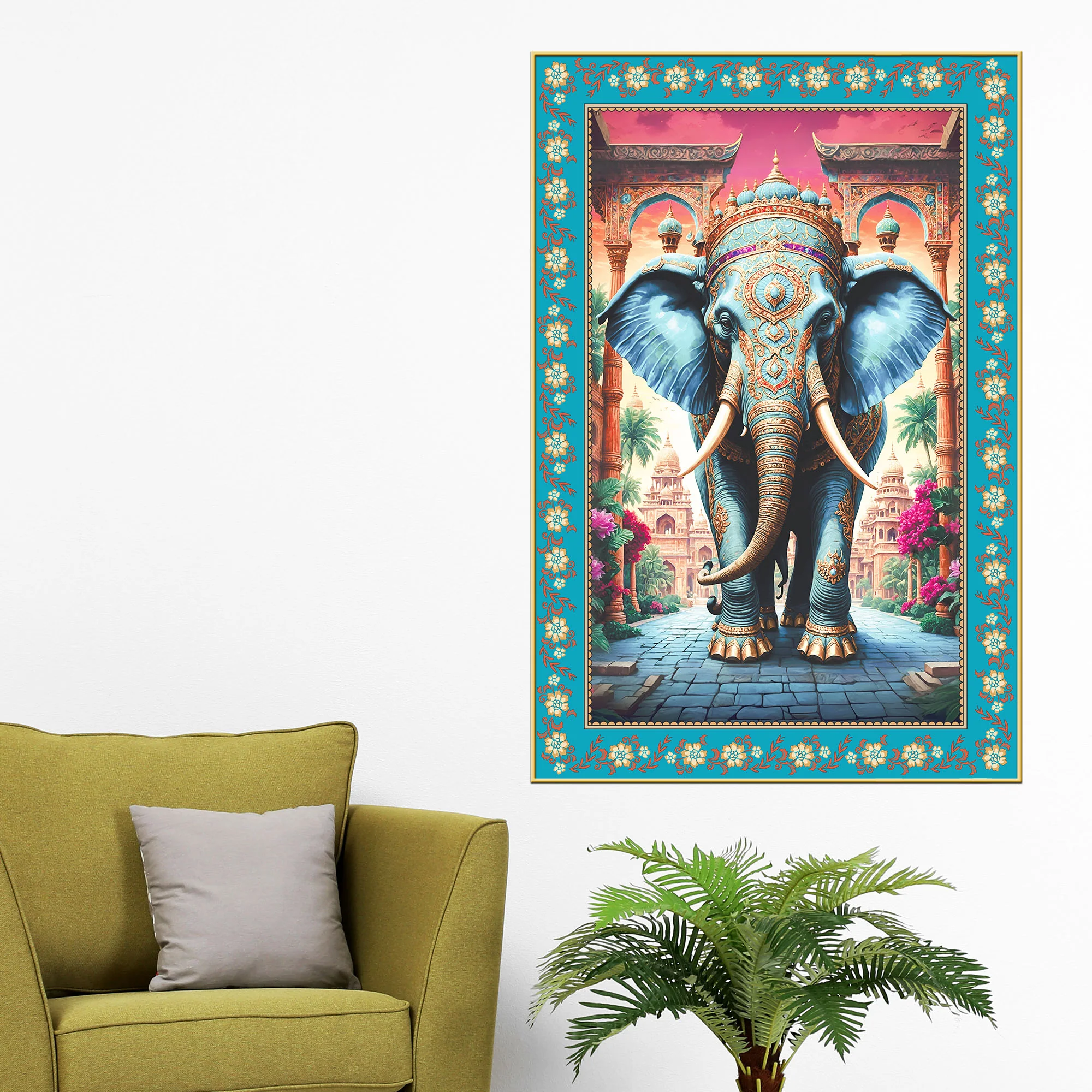 Powerful Gajanan Floral Border Vertical Canvas Wall Painting - Image 2