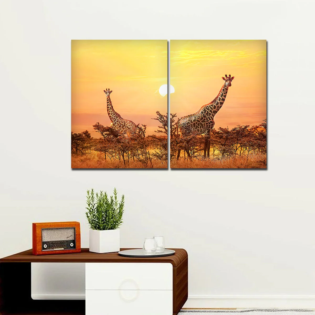 Premium 2 Pieces Wall Painting of Giraffes in Sunset - Image 3