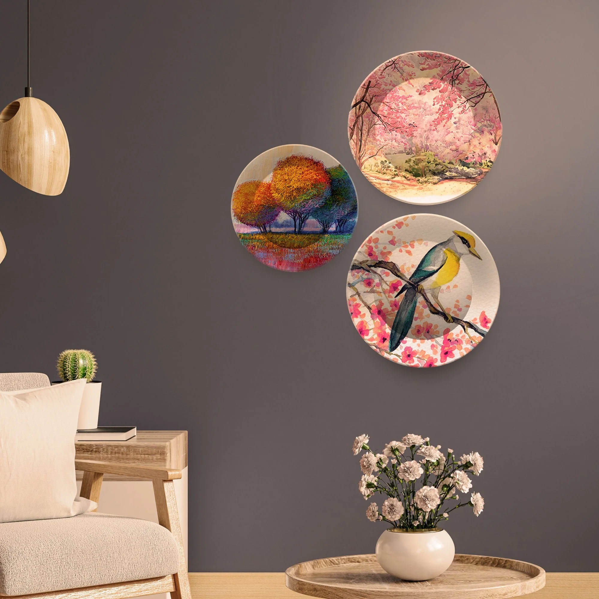 Premium 3 Pieces Ceramic Wall Plates Painting of Bird and Spring Season - Image 3