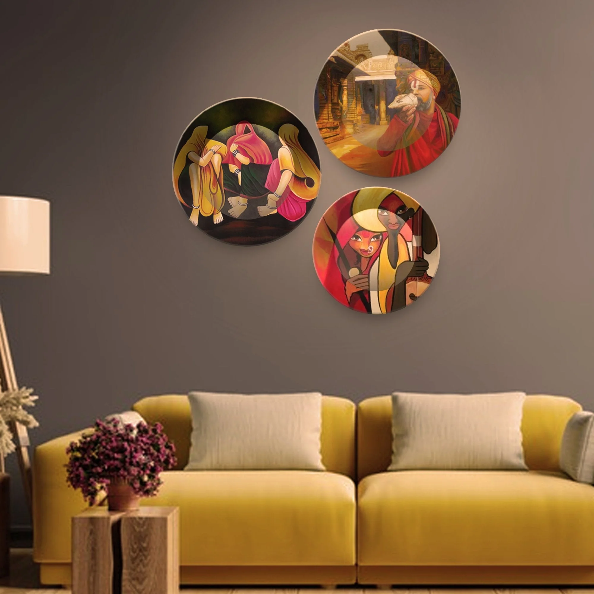 Premium 3 Pieces Ceramic Wall Plates Painting of Indian Culture and Modern Art - Image 3