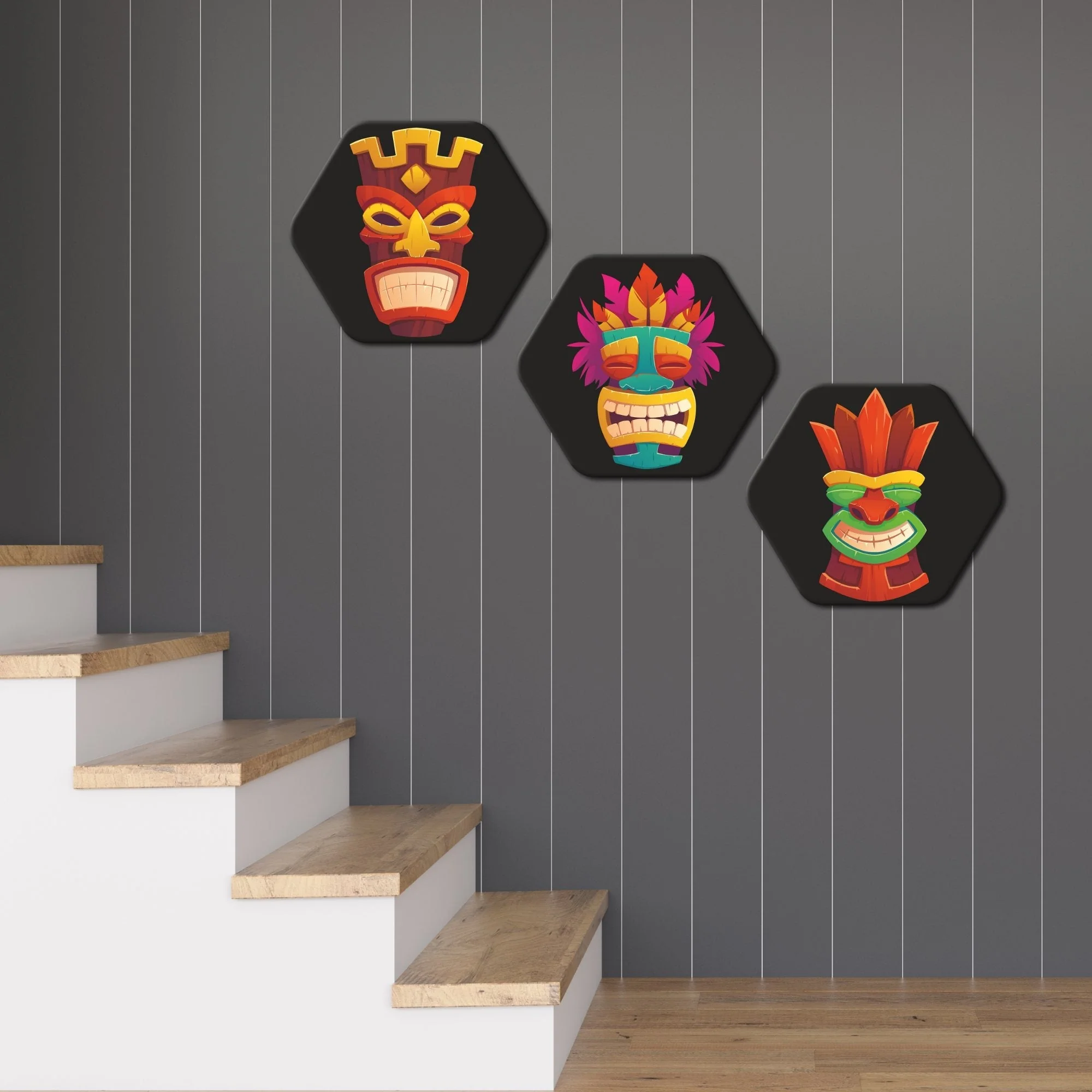 Premium 3 Pieces Hexagon Painting of Tiki Masks - Image 3