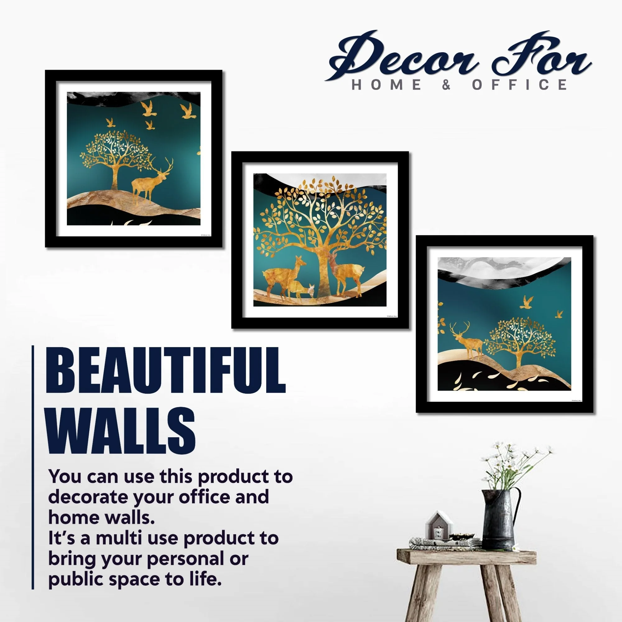 Premium 3 Pieces Wall Hanging Frame of Vector Illustration of Trees and Deer - Image 4