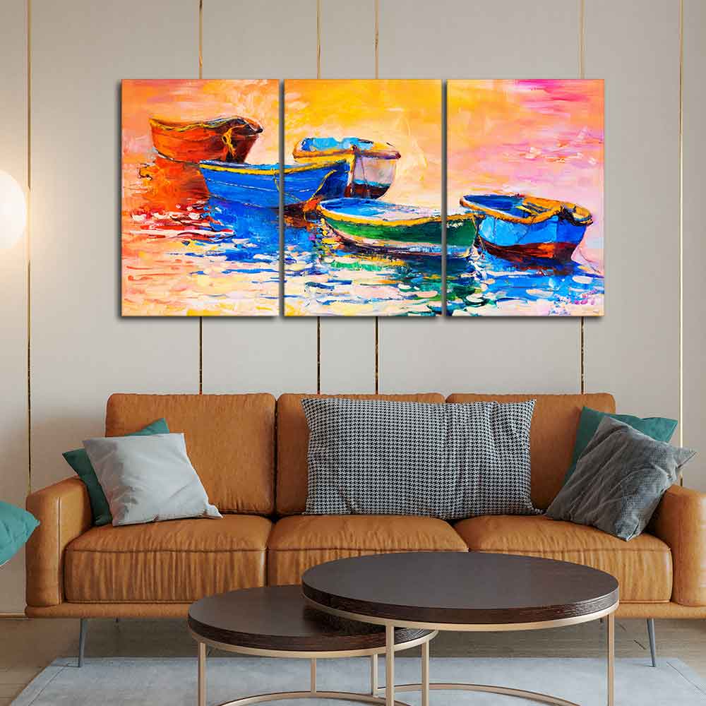 Premium 3 Pieces Wall Painting of Boats in Sunset - Image 3