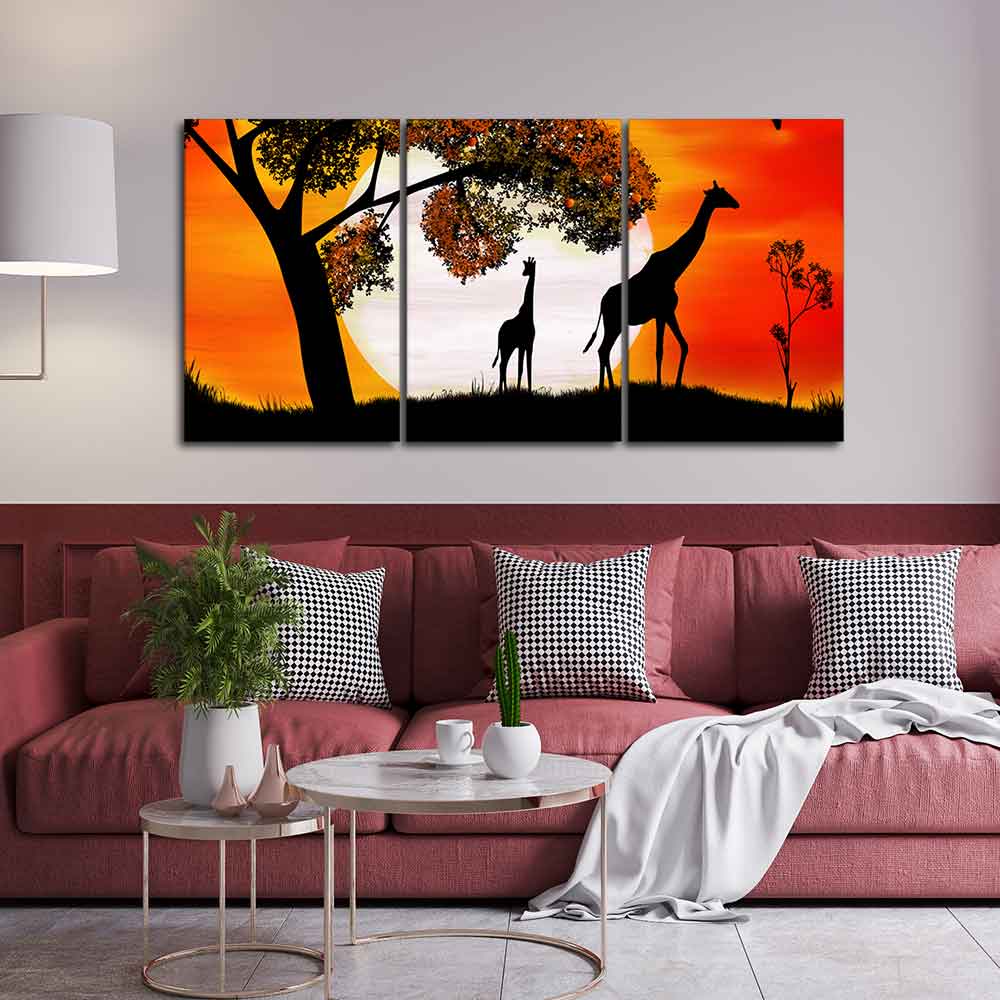 Premium 3 Pieces Wall Painting of Pair of Giraffe under a Tree in Sunset - Image 3