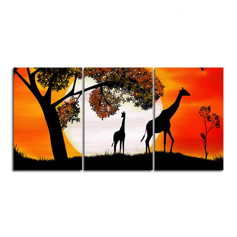 Premium 3 Pieces Wall Painting of Pair of Giraffe under a Tree in Sunset - Image 4