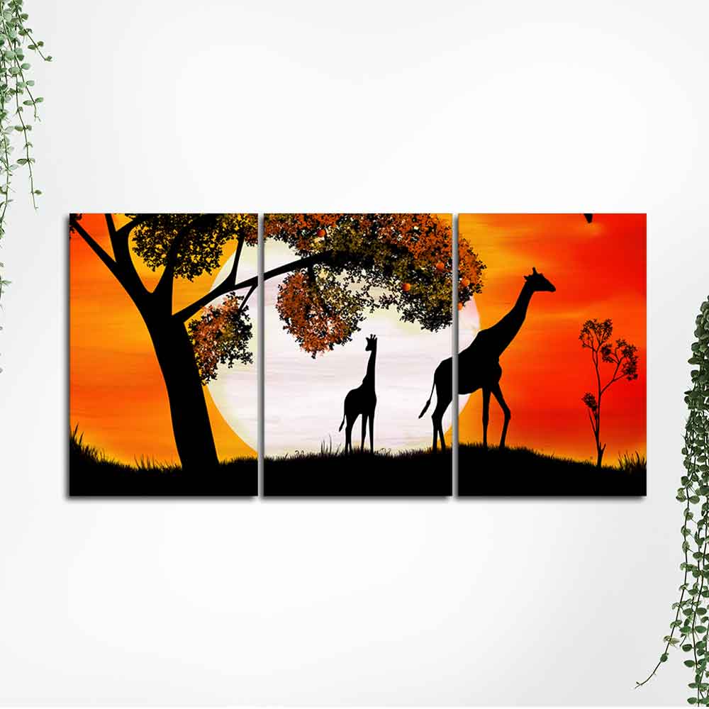 Premium 3 Pieces Wall Painting of Pair of Giraffe under a Tree in Sunset - Image 5
