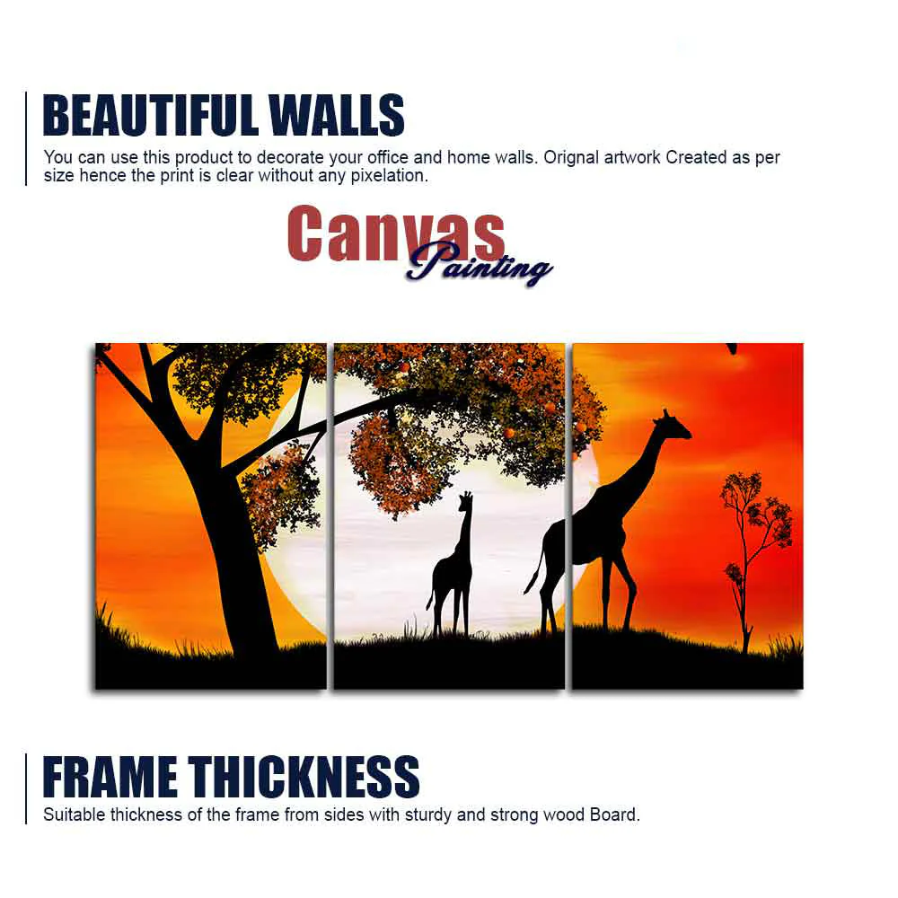 Premium 3 Pieces Wall Painting of Pair of Giraffe under a Tree in Sunset - Image 6