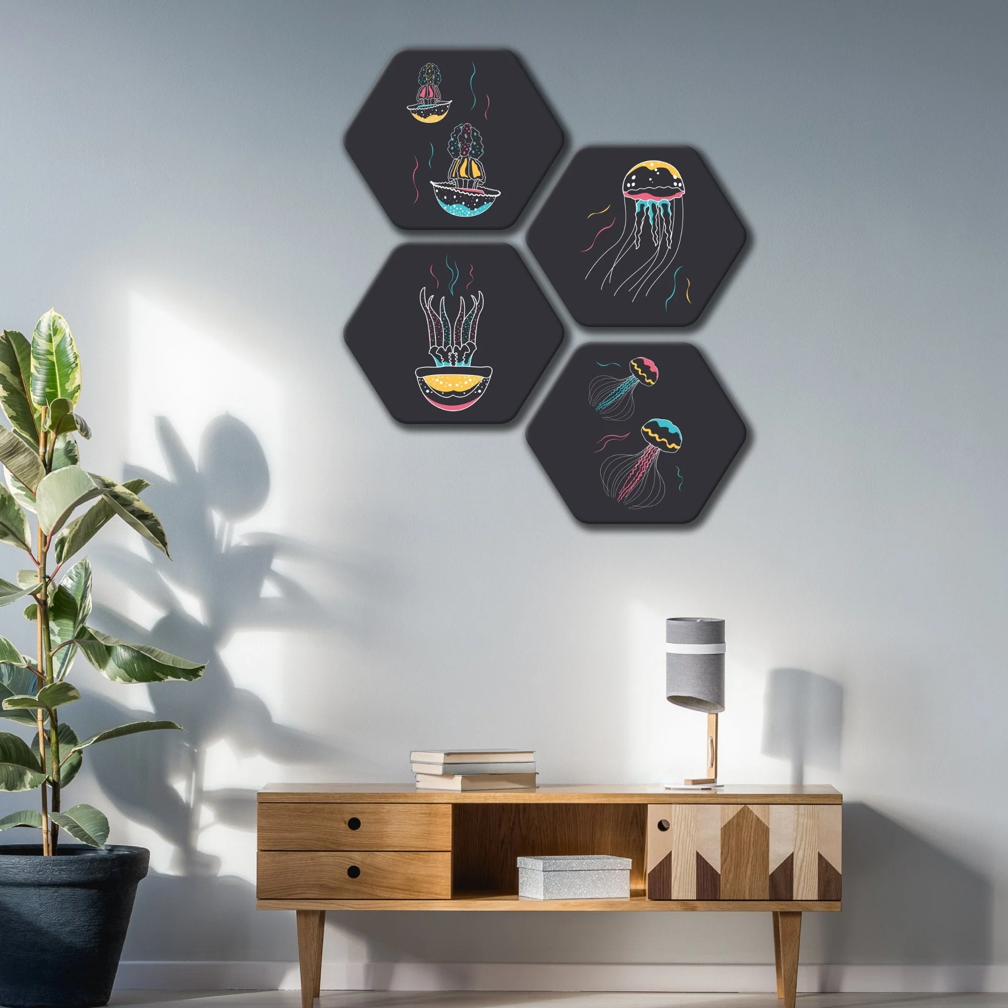 Premium 4 Pieces Hexagon Painting of Jellyfish - Image 2