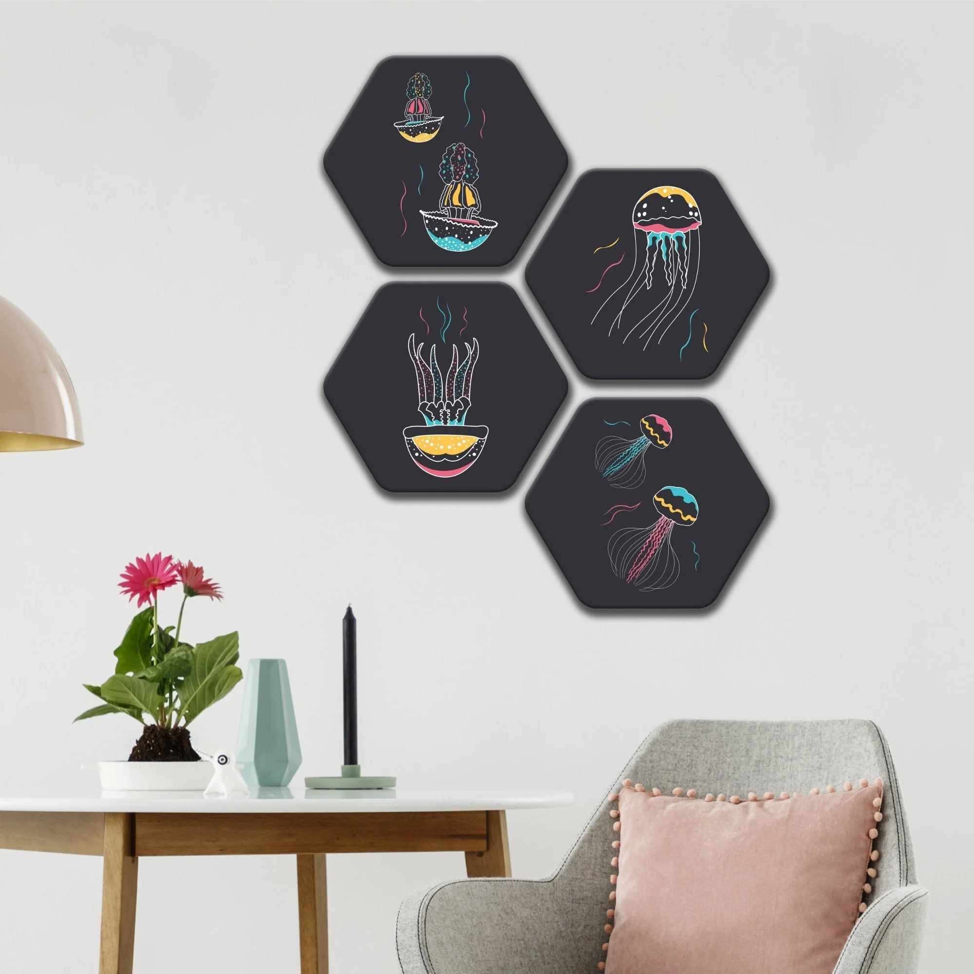 Premium 4 Pieces Hexagon Painting of Jellyfish - Image 3