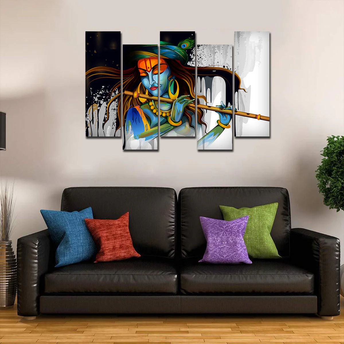 Premium 5 Pieces Abstract Art Wall Painting of Lord Krishn Playing Flute - Image 2