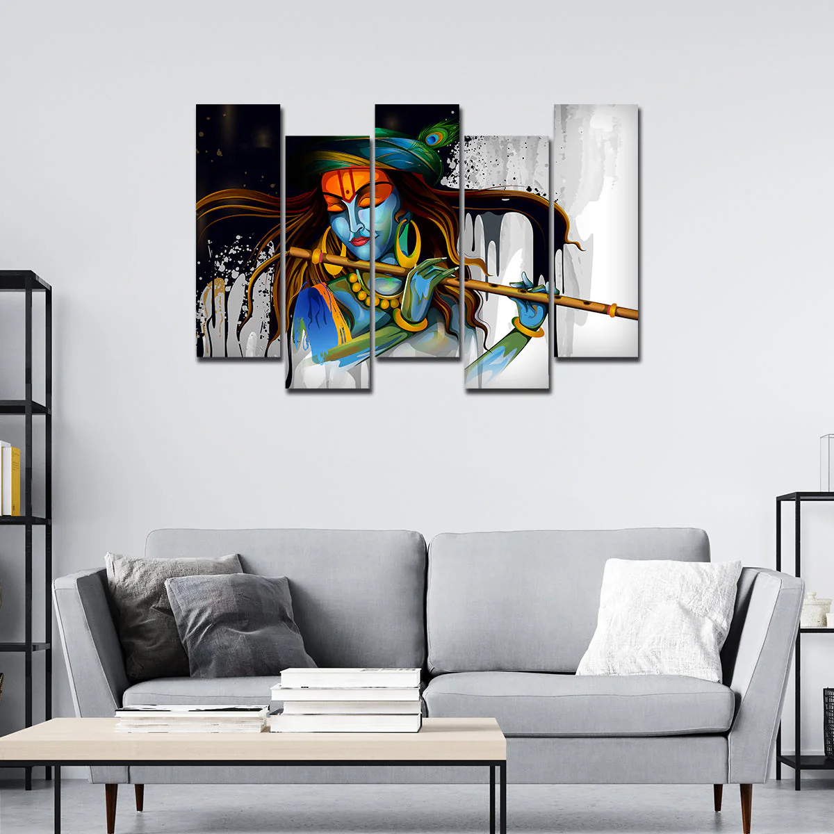 Premium 5 Pieces Abstract Art Wall Painting of Lord Krishn Playing Flute - Image 3