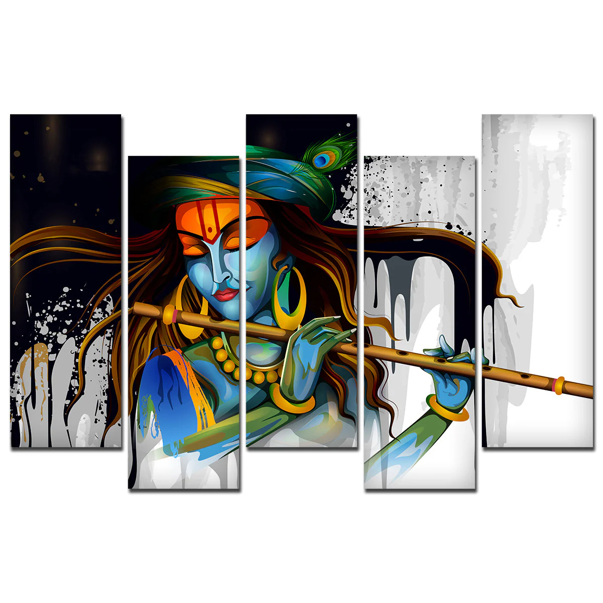 Premium 5 Pieces Abstract Art Wall Painting of Lord Krishn Playing Flute - Image 4