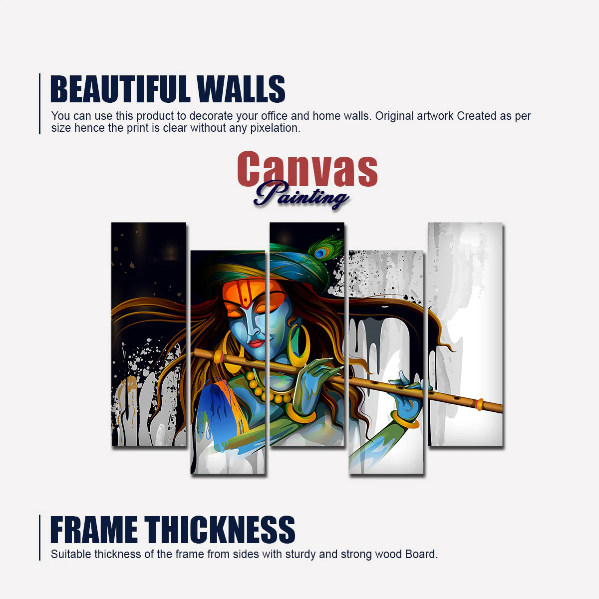 Premium 5 Pieces Abstract Art Wall Painting of Lord Krishn Playing Flute - Image 5