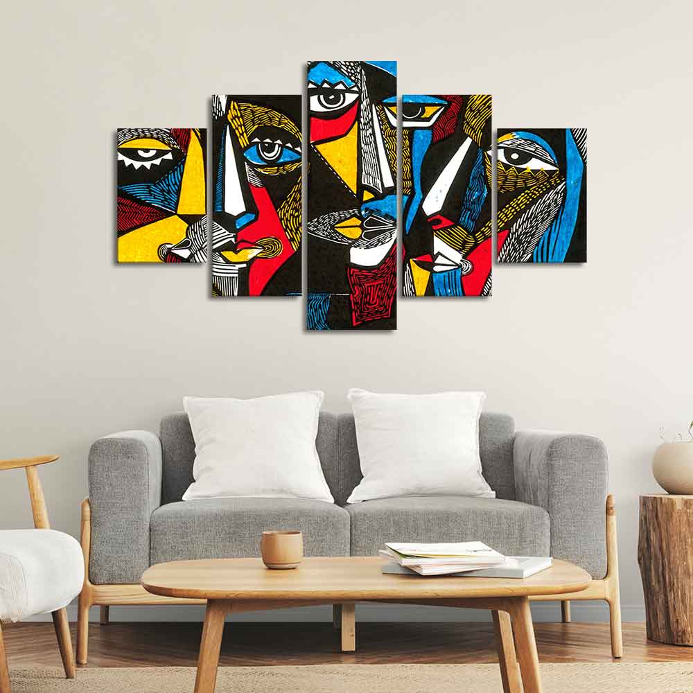Premium 5 Pieces Wall Painting of Abstract Faces Modern Art - Image 2