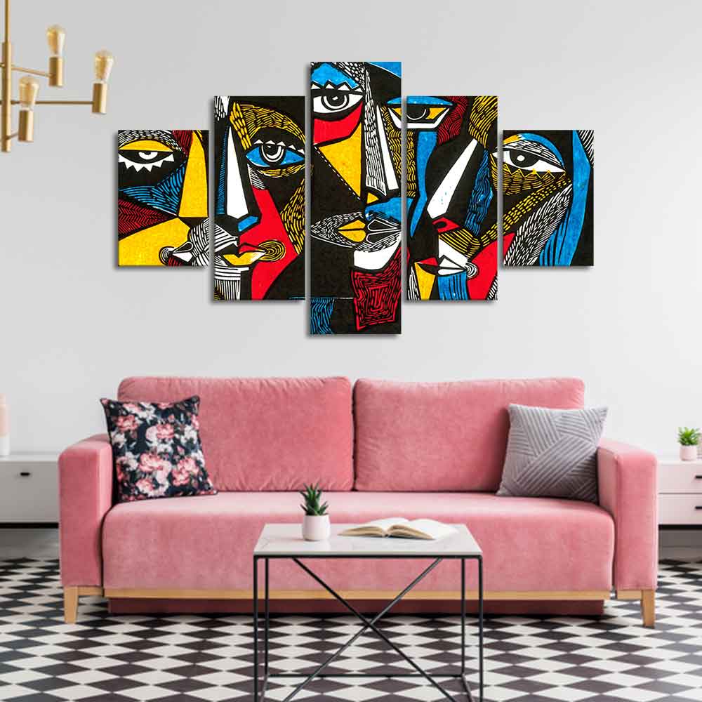 Premium 5 Pieces Wall Painting of Abstract Faces Modern Art - Image 3