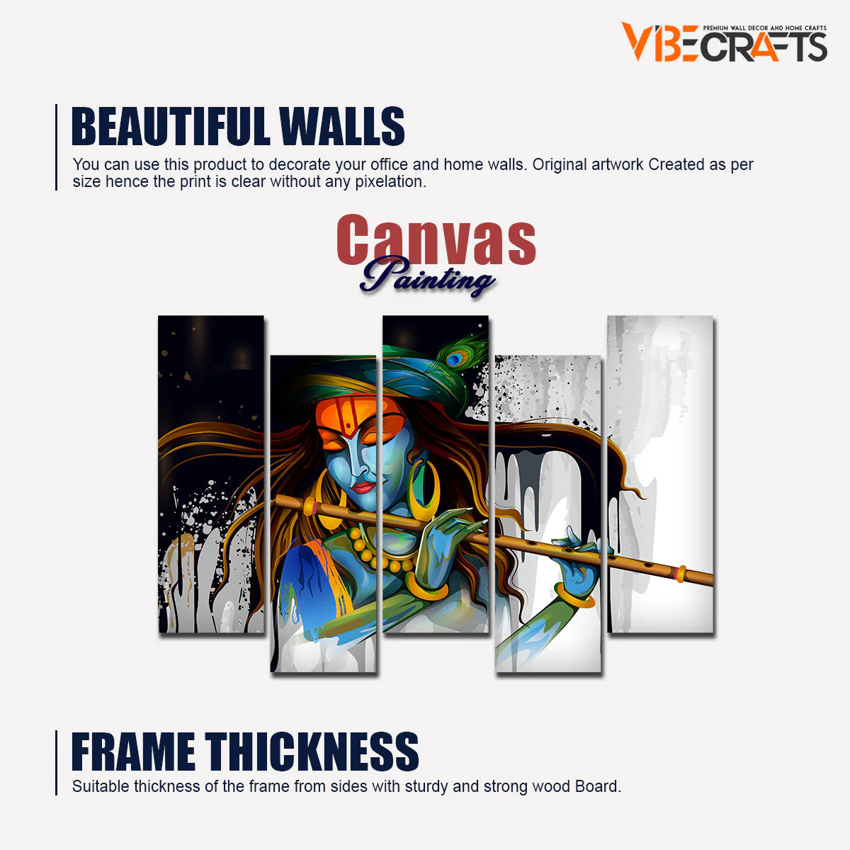 Premium 5 Pieces Wall Painting of Lord Krishna Playing Flute - Image 5