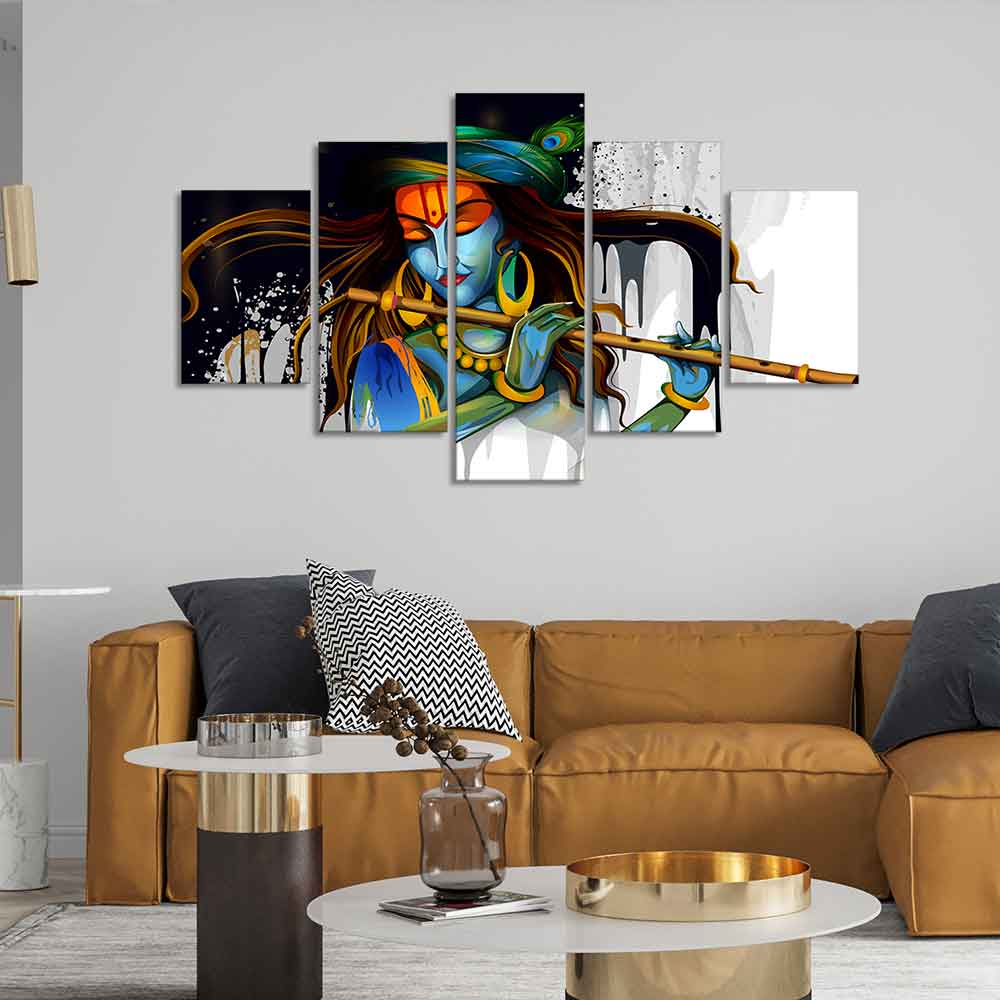 Premium 5 Pieces Wall Painting of Lord Krishna Playing Flute - Image 3