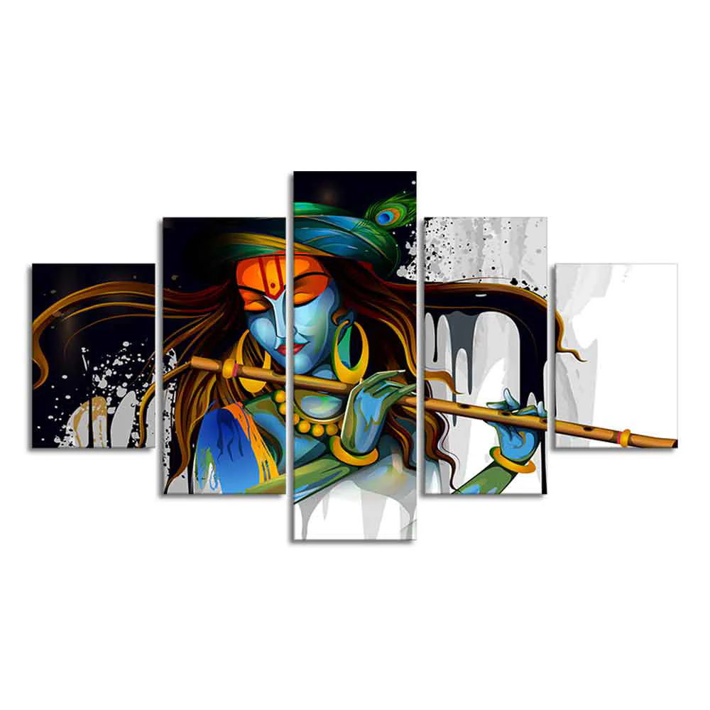Premium 5 Pieces Wall Painting of Lord Krishna Playing Flute - Image 4