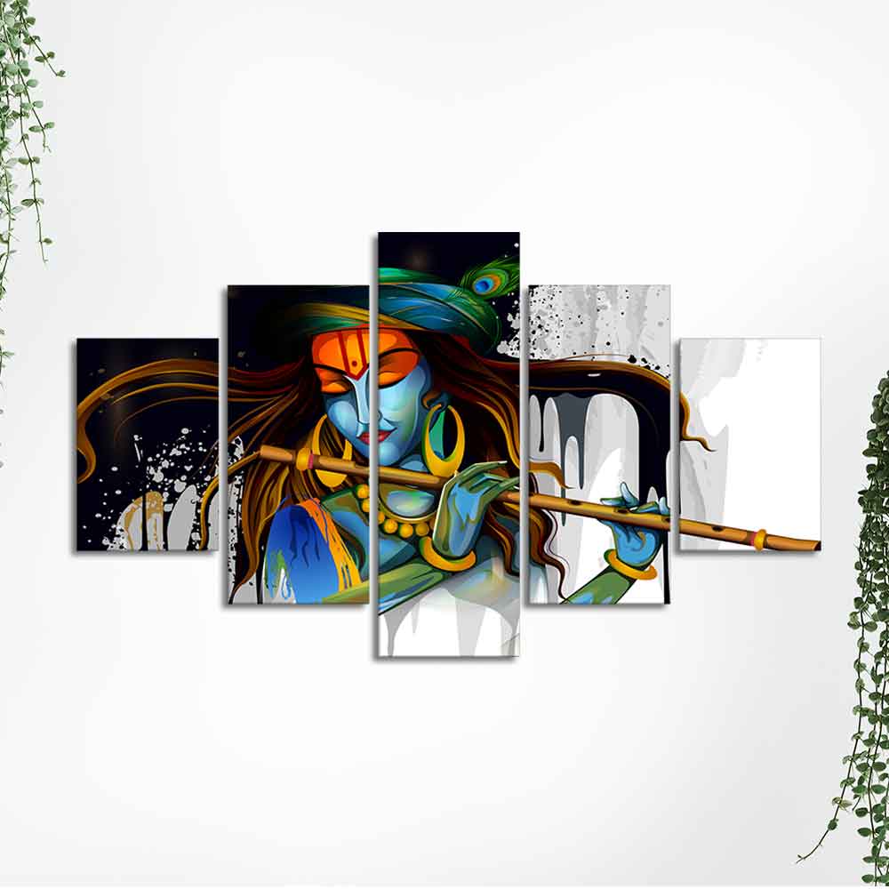 Premium 5 Pieces Wall Painting of Lord Krishna Playing Flute - Image 5