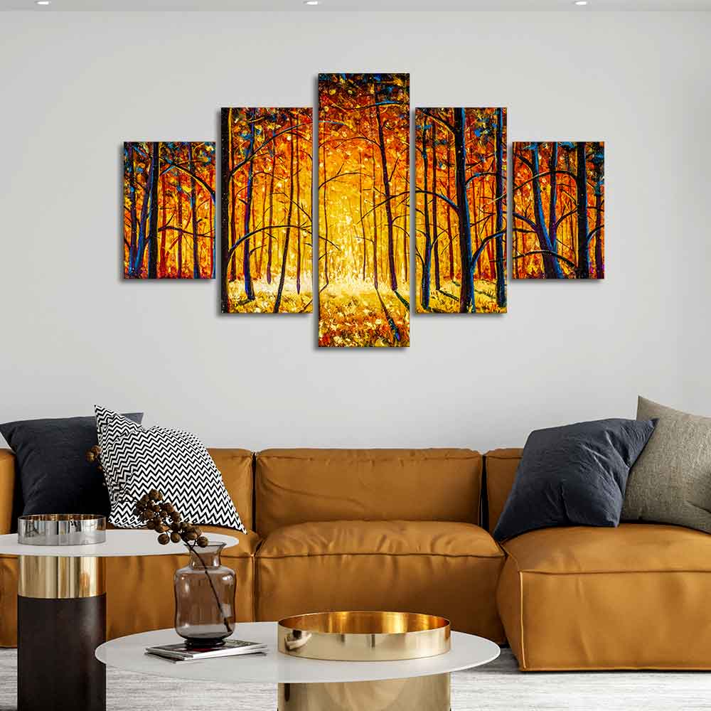 Premium 5 Pieces Wall Painting of Sunny Tree Forest - Image 2