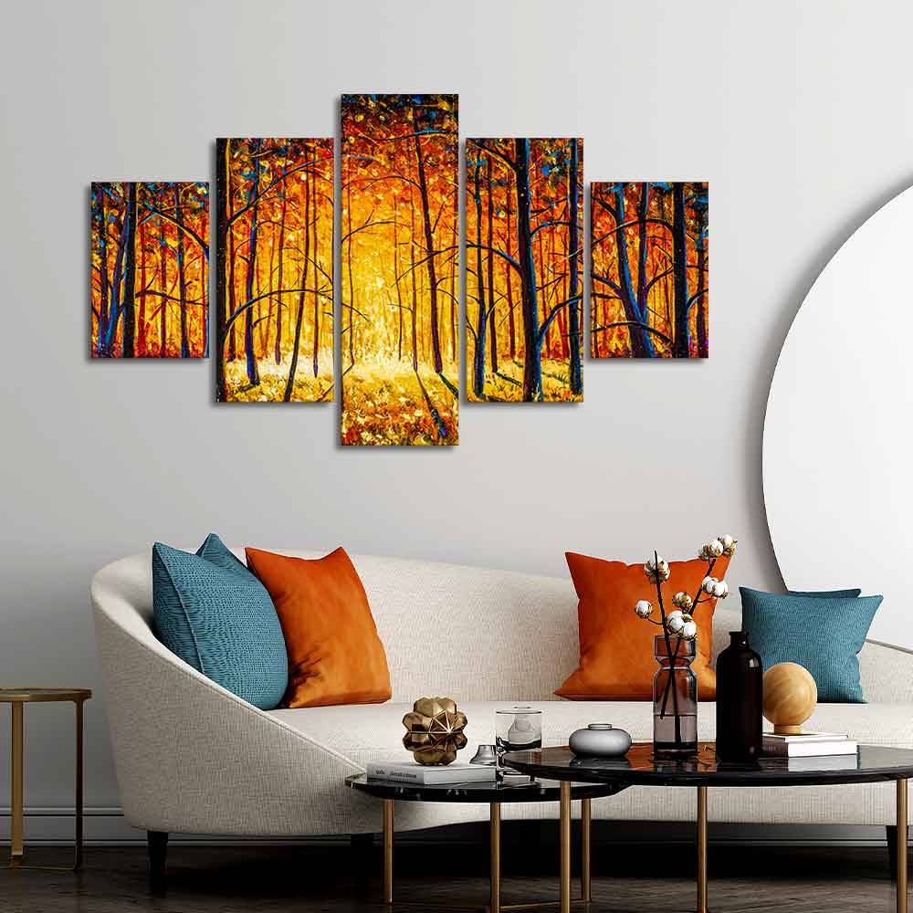 Premium 5 Pieces Wall Painting of Sunny Tree Forest - Image 3