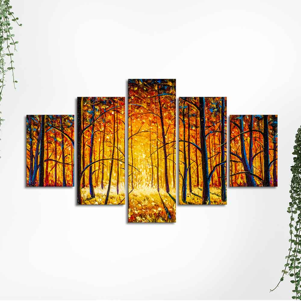 Premium 5 Pieces Wall Painting of Sunny Tree Forest - Image 5
