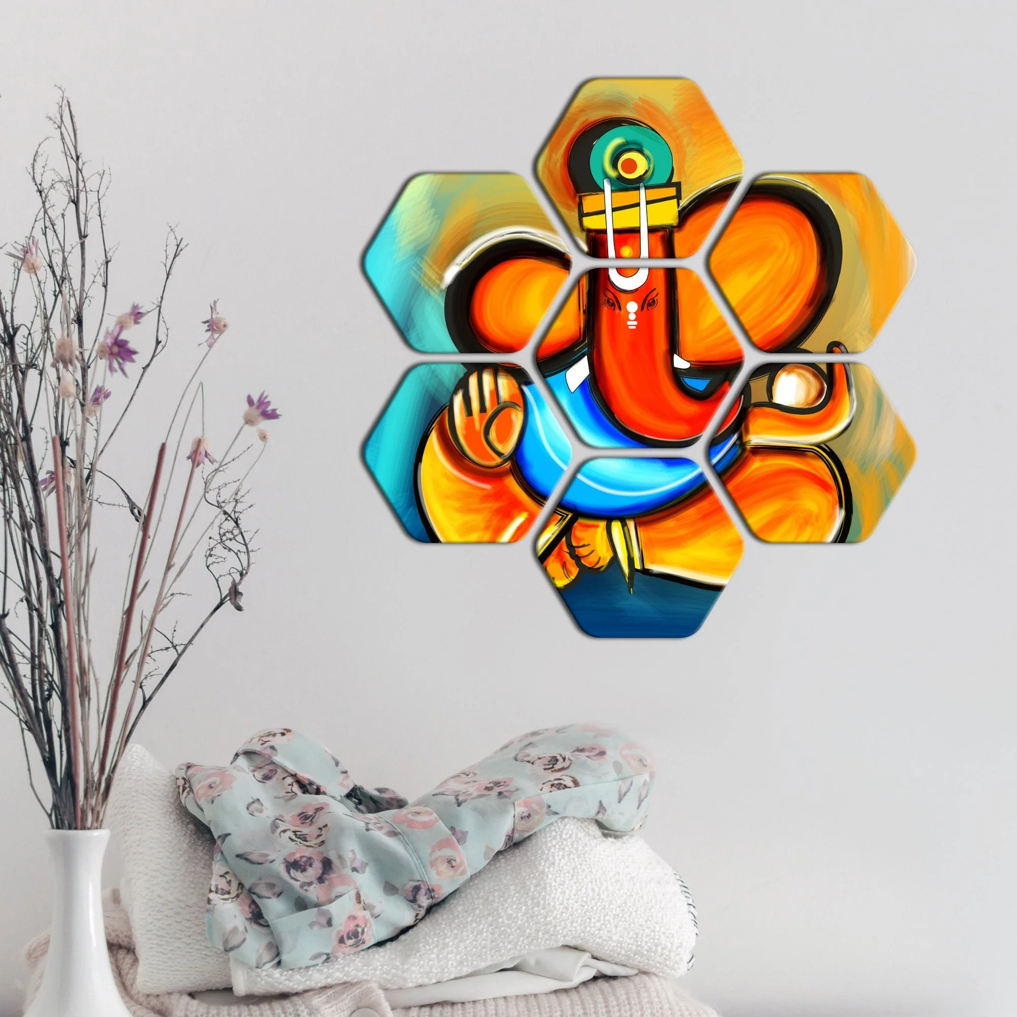 Premium Lord Ganesha 7 Pieces Hexagon Wall Painting - Image 2