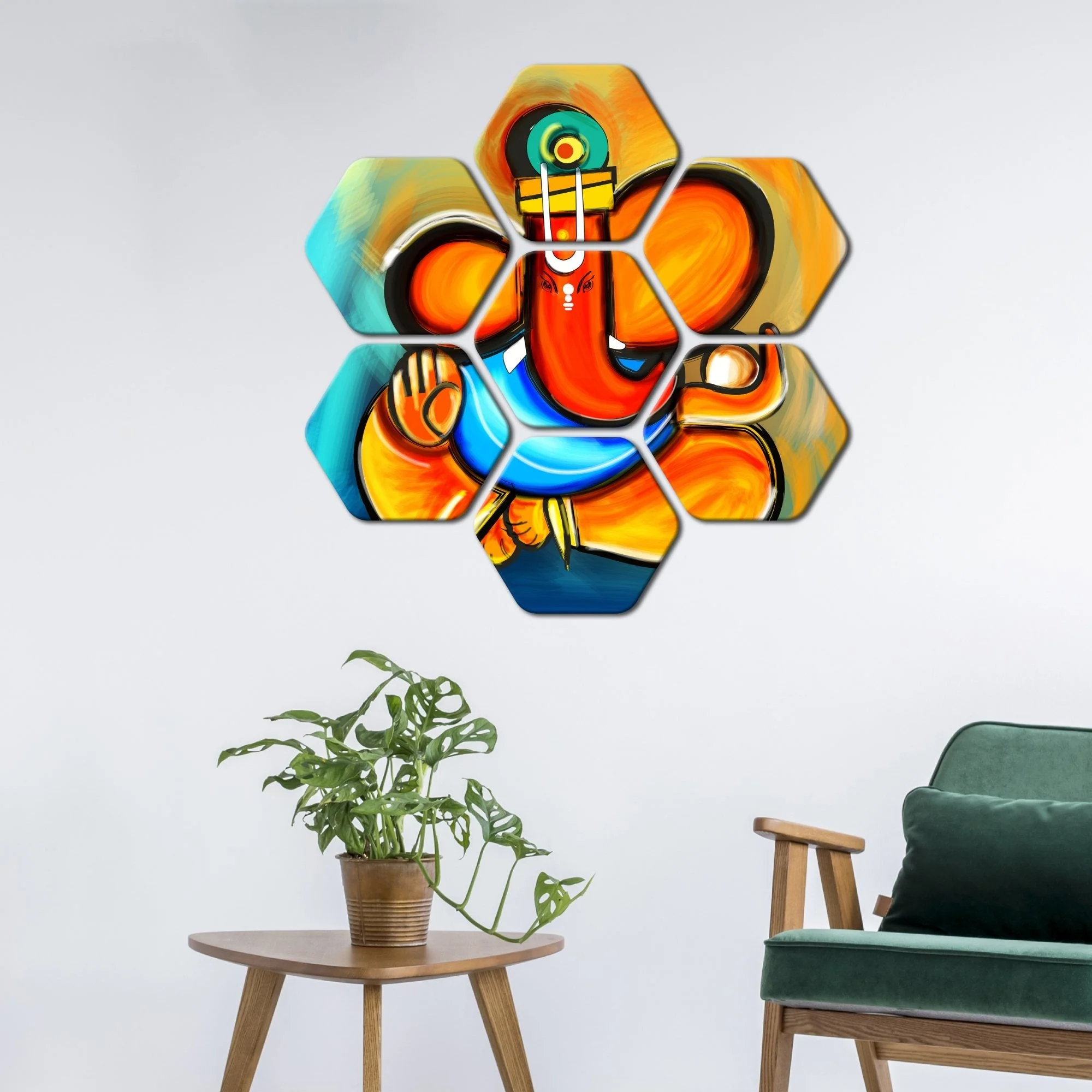 Premium Lord Ganesha 7 Pieces Hexagon Wall Painting - Image 3