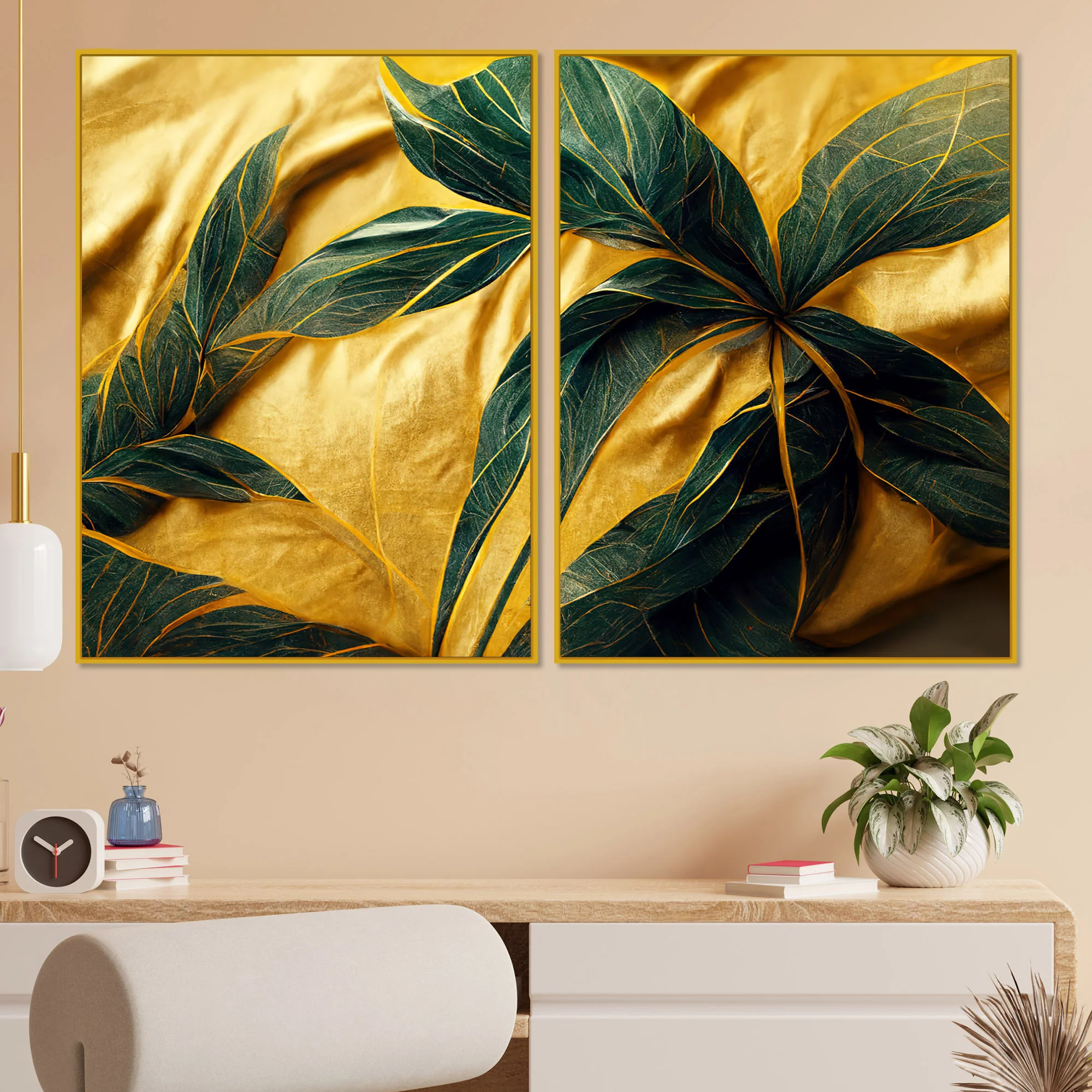 Premium Art of Leaves Acrylic Art Floating Wall Painting Set Of 2 - Image 2