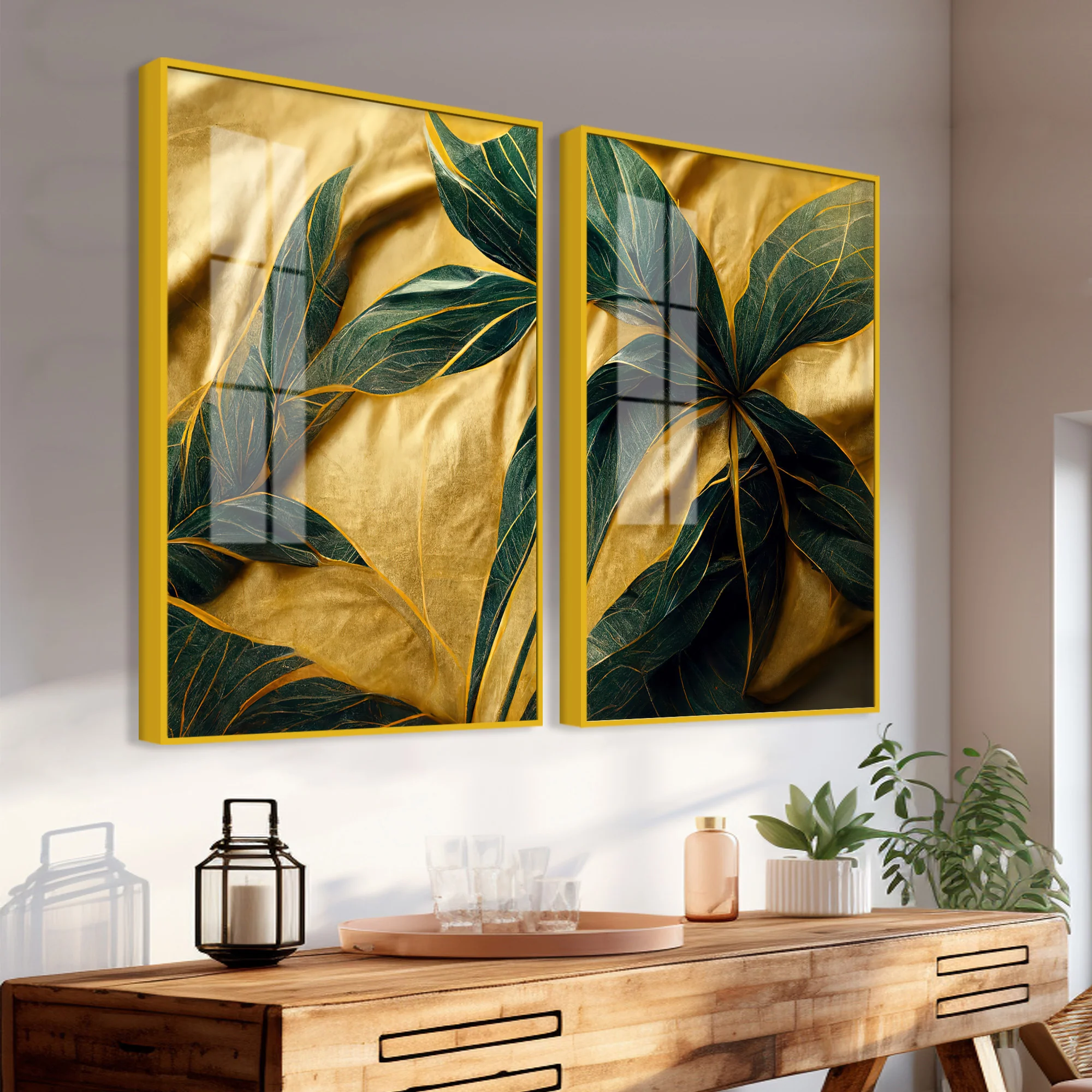Premium Art of Leaves Acrylic Art Floating Wall Painting Set Of 2 - Image 3
