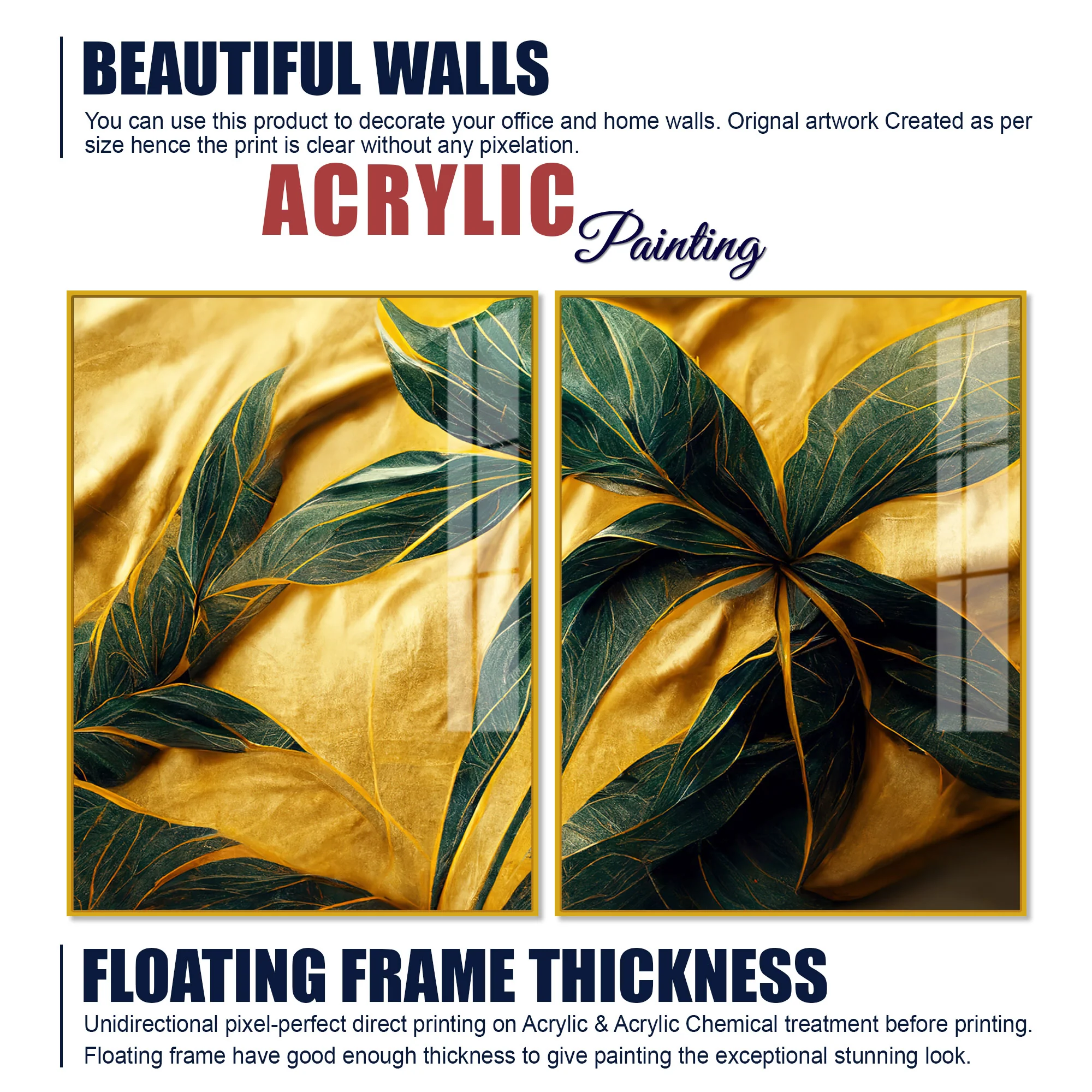 Premium Art of Leaves Acrylic Art Floating Wall Painting Set Of 2 - Image 5