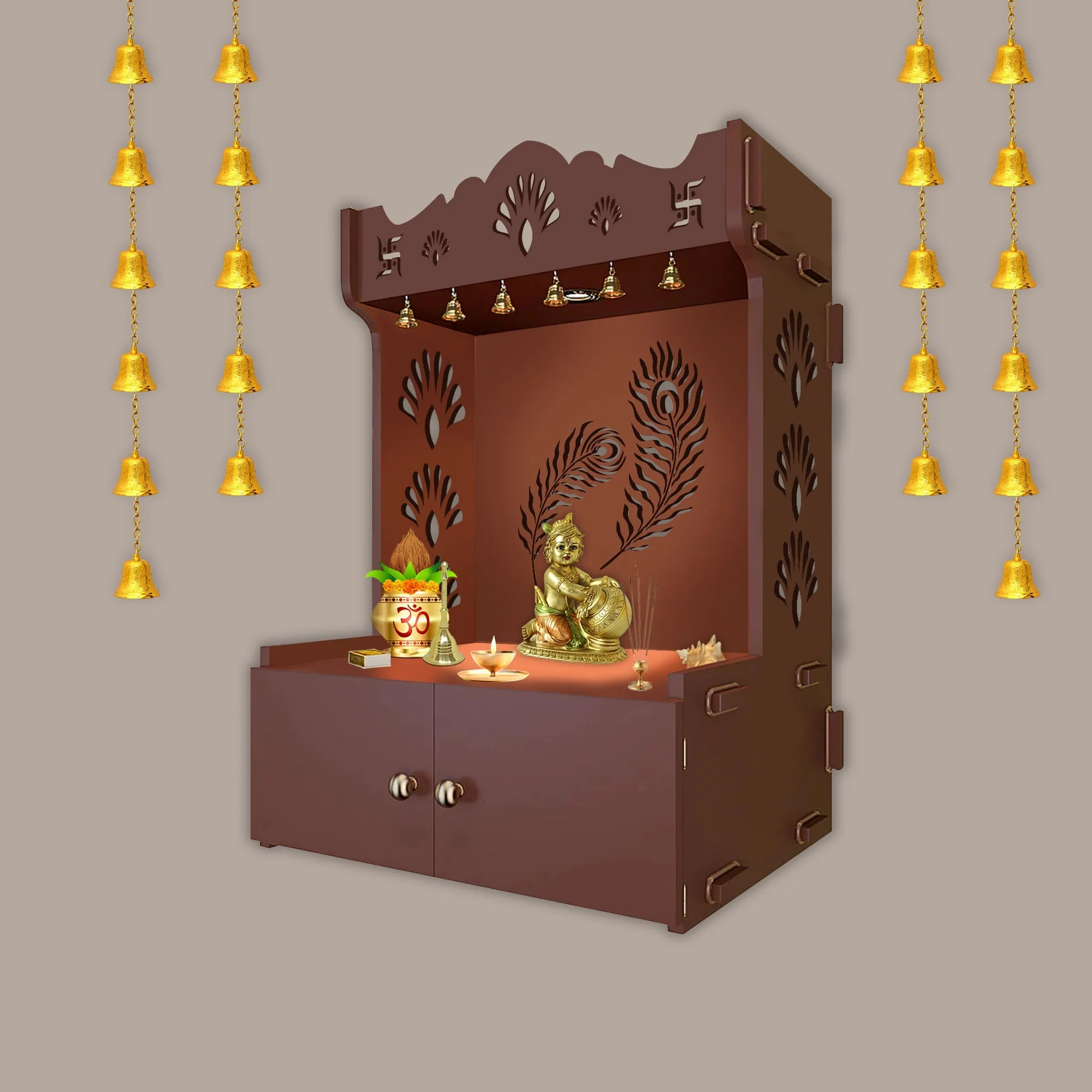 Premium Art of Mor Pankh Brown Wooden Temple for Home with Inbuilt Focus Light & Spacious Shelf - Image 2
