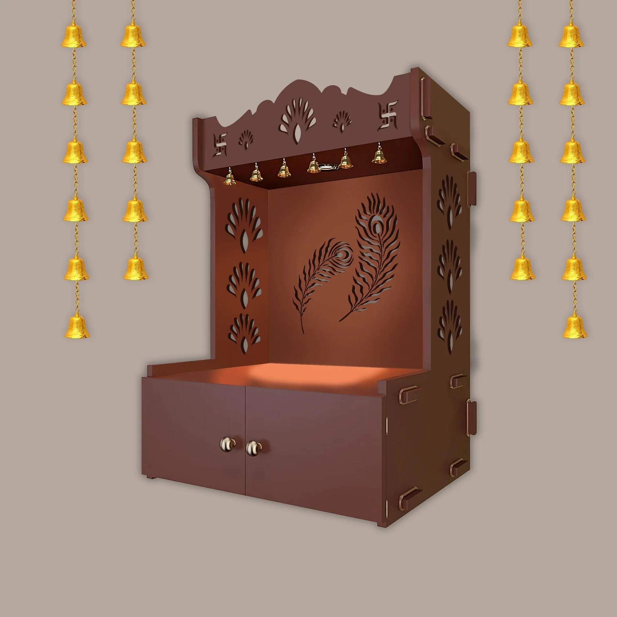 Premium Art of Mor Pankh Brown Wooden Temple for Home with Inbuilt Focus Light & Spacious Shelf - Image 3