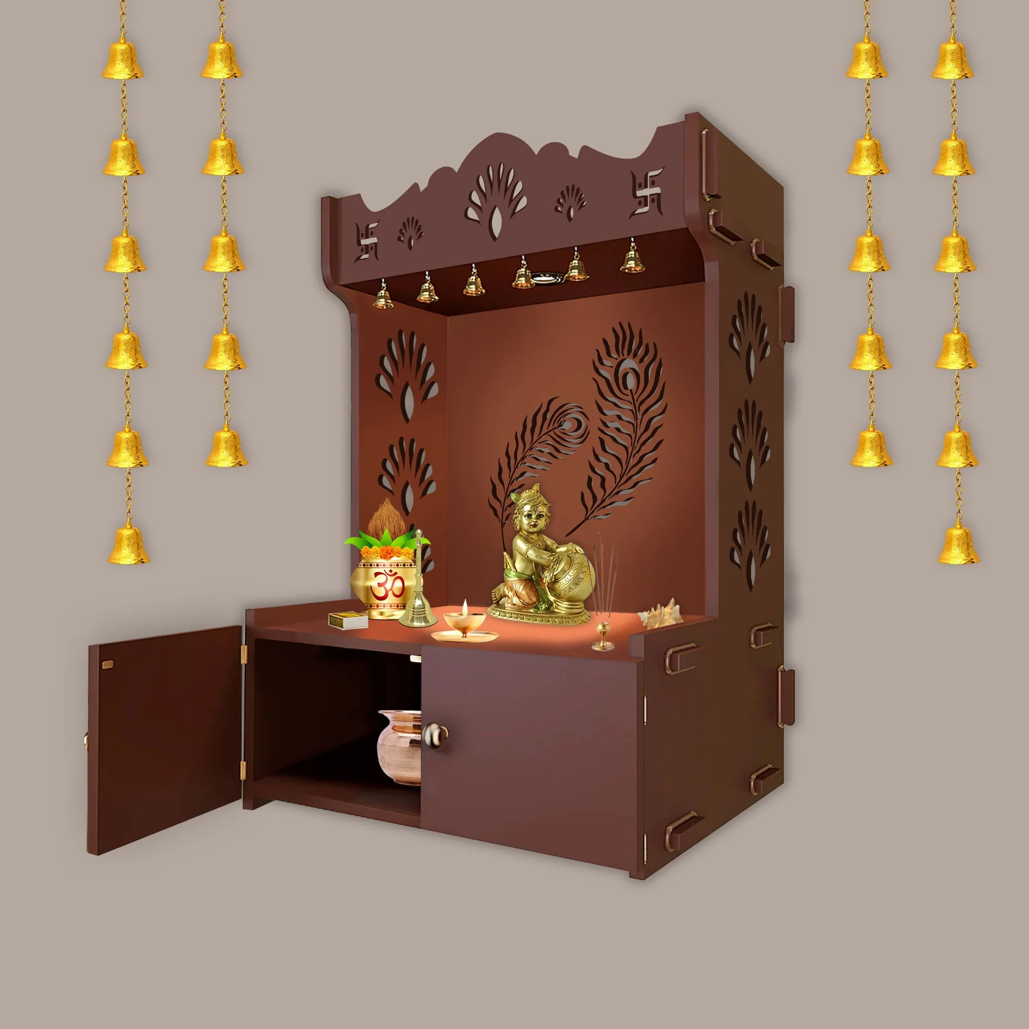 Premium Art of Mor Pankh Brown Wooden Temple for Home with Inbuilt Focus Light & Spacious Shelf - Image 4