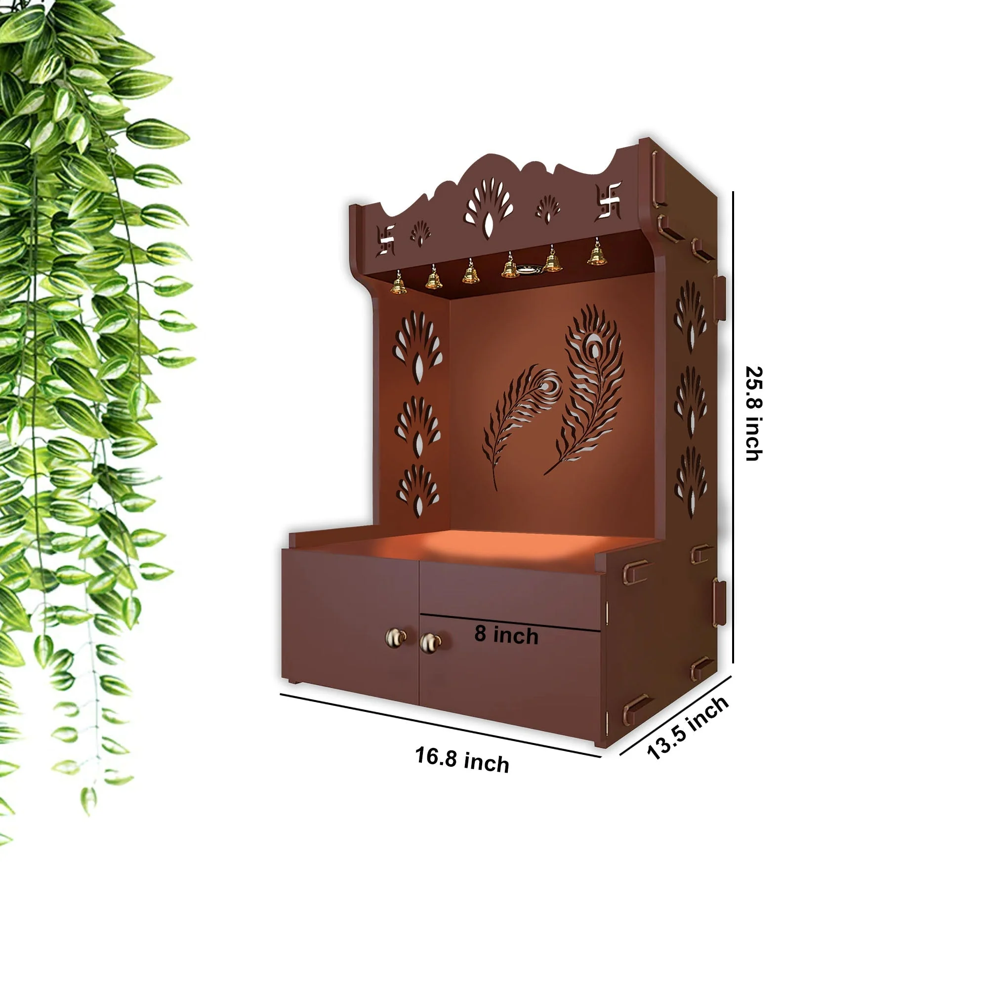 Premium Art of Mor Pankh Brown Wooden Temple for Home with Inbuilt Focus Light & Spacious Shelf - Image 5