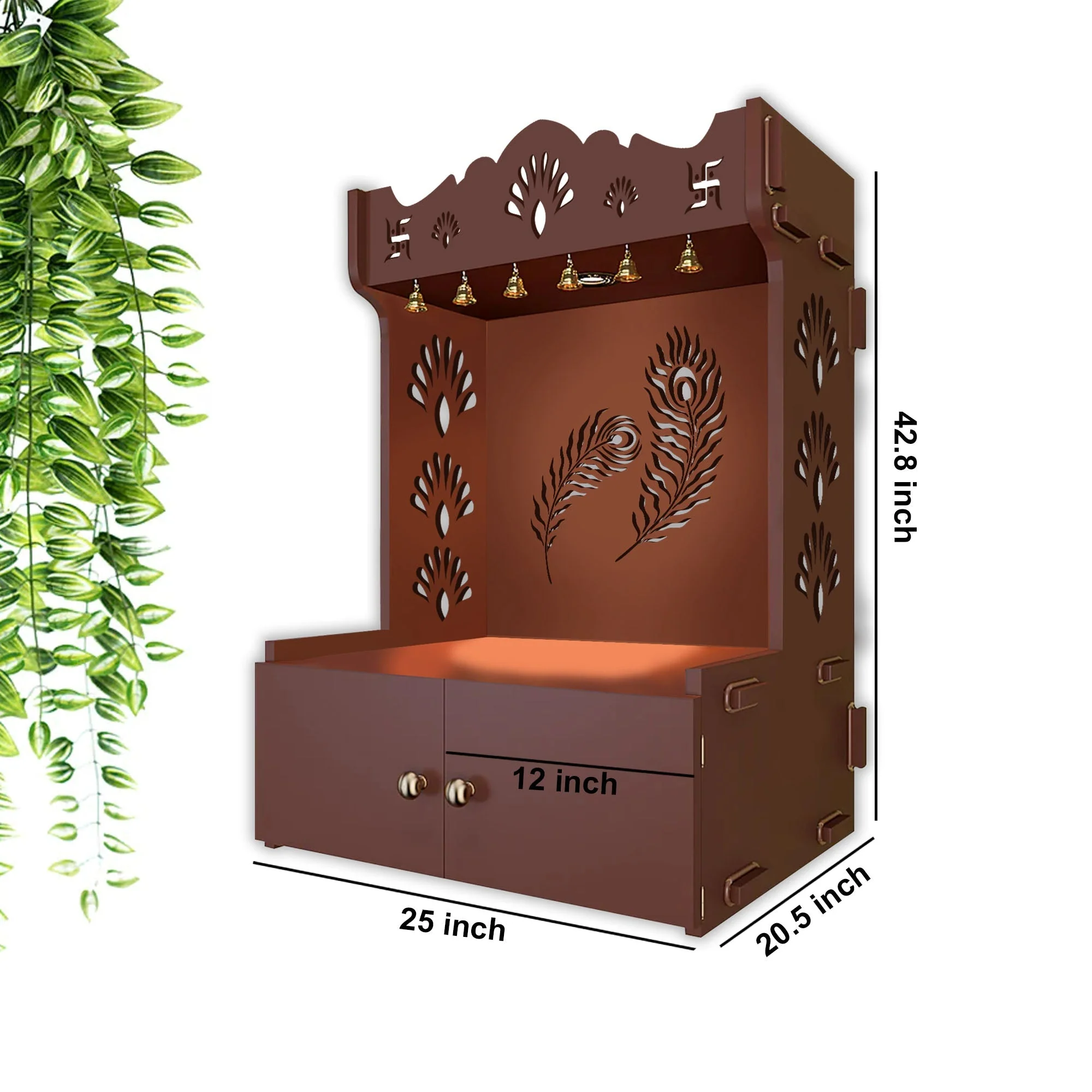 Premium Art of Mor Pankh Floor Temple with Spacious Wooden Shelf & Inbuilt Focus Light- Brown Finish - Image 5