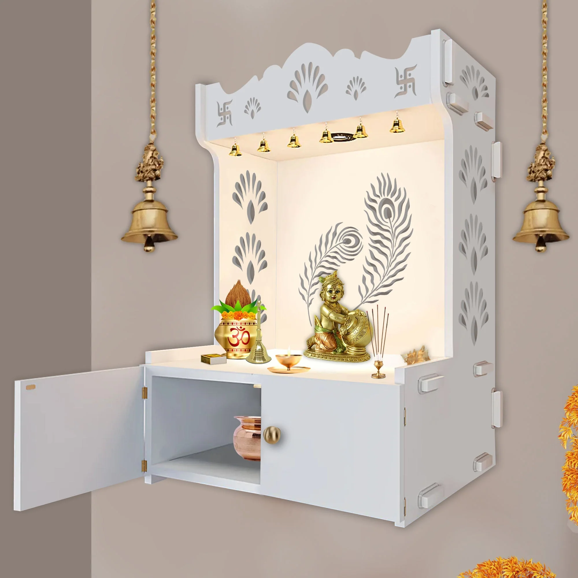 Premium Art of Mor Pankh White Wooden Temple for Home with Inbuilt Focus Light & Spacious Shelf - Image 3