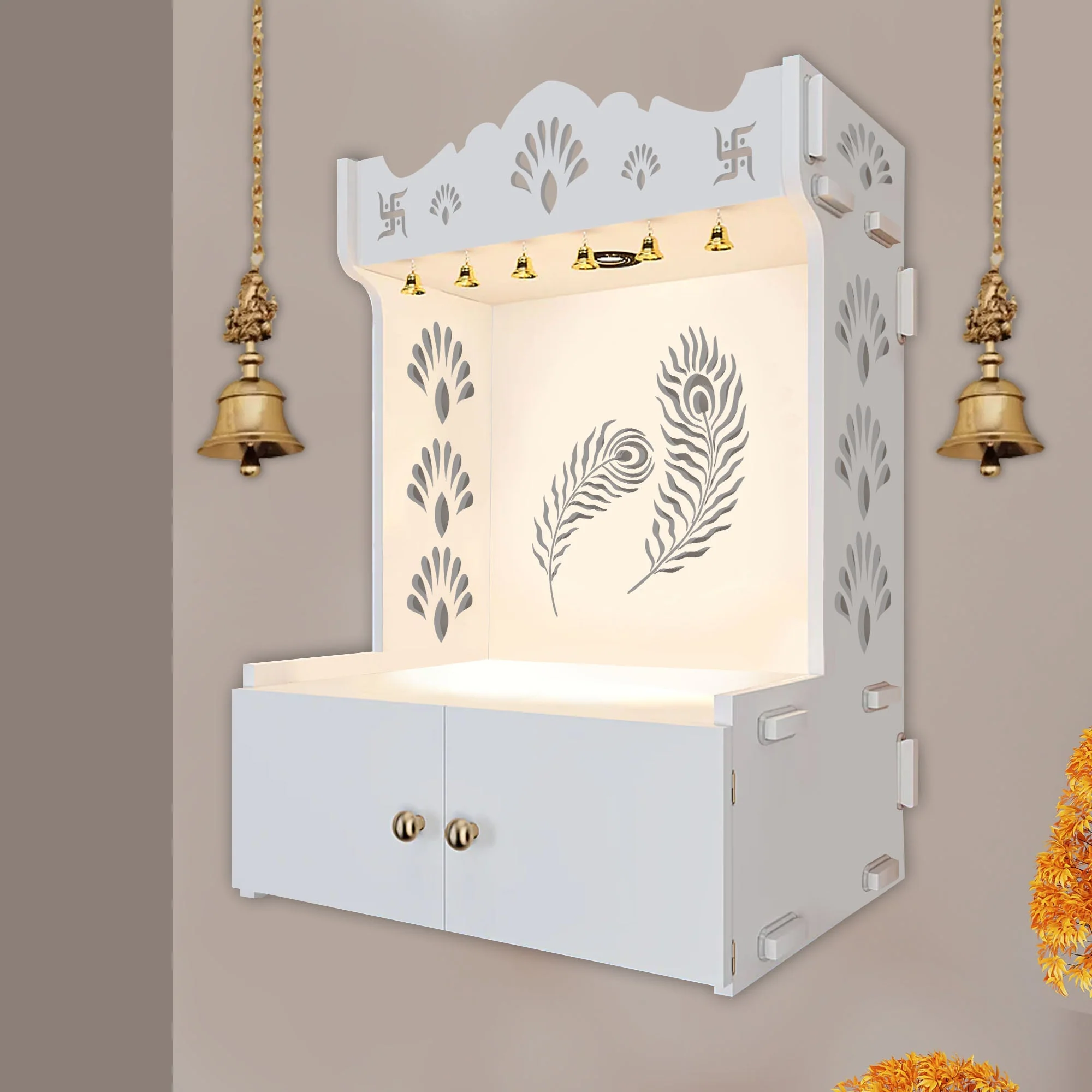 Premium Art of Mor Pankh White Wooden Temple for Home with Inbuilt Focus Light & Spacious Shelf - Image 4