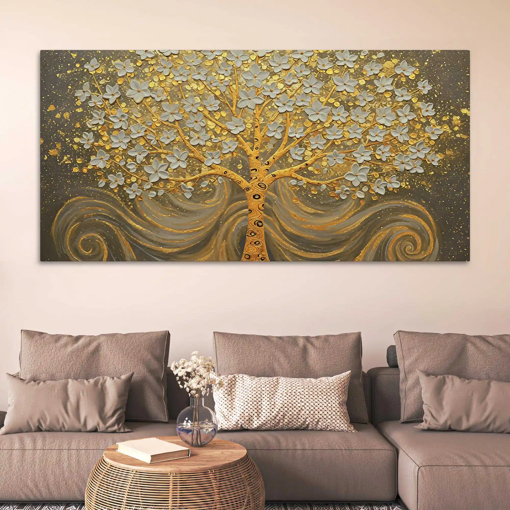 Premium Artistic Golden Blossom Tree Abstract Canvas Wall Painting - Image 3