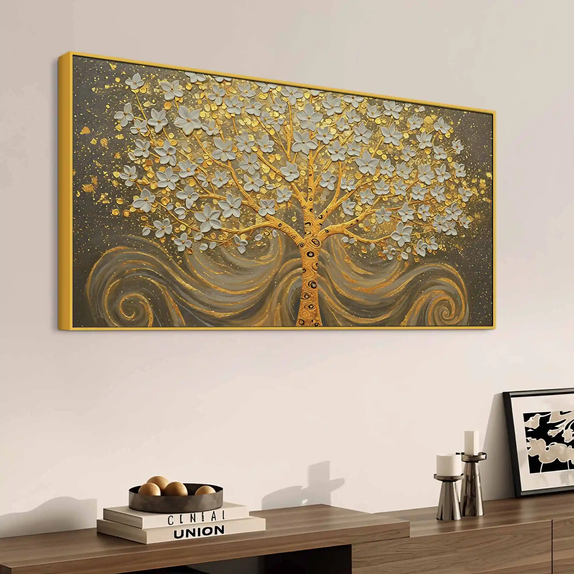 Premium Artistic Golden Blossom Tree Abstract Canvas Wall Painting - Image 5