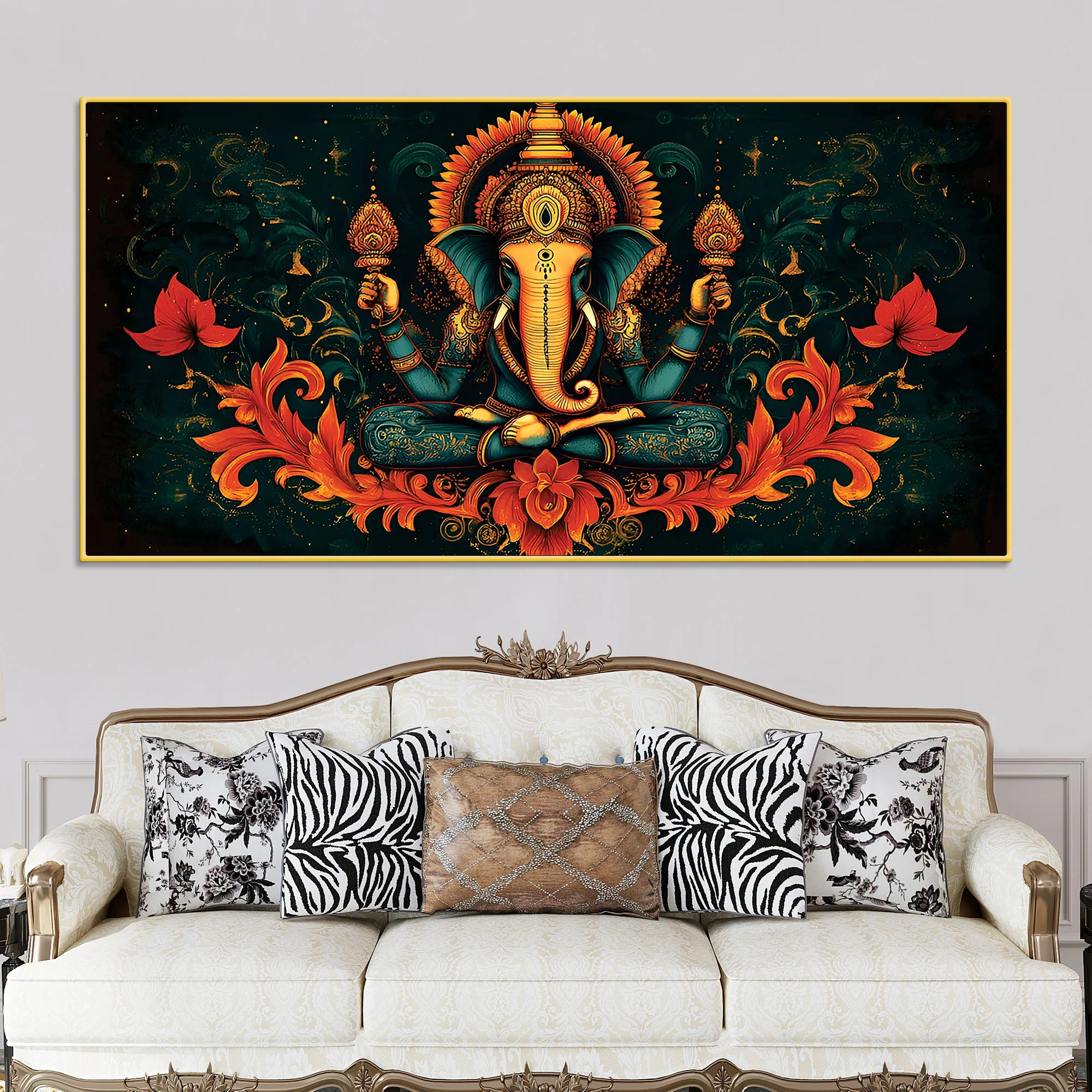 Premium Artistic Lord Ganesha Floral Exclusive Art Canvas Wall Painting for Home & Office Spaces – Modern Religious Wall Art