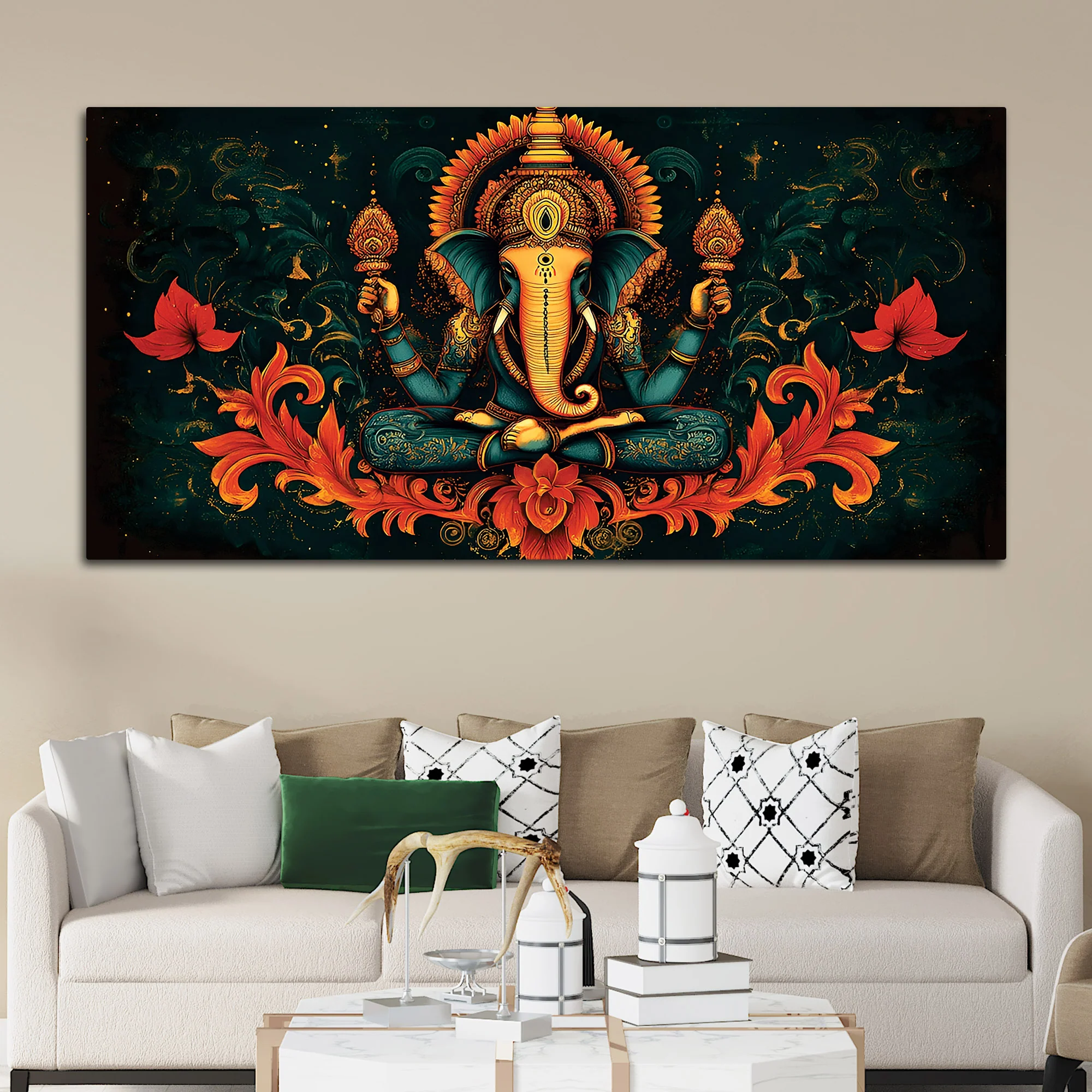 Premium Artistic Lord Ganesha Floral Exclusive Art Canvas Wall Painting for Home & Office Spaces – Modern Religious Wall Art - Image 2
