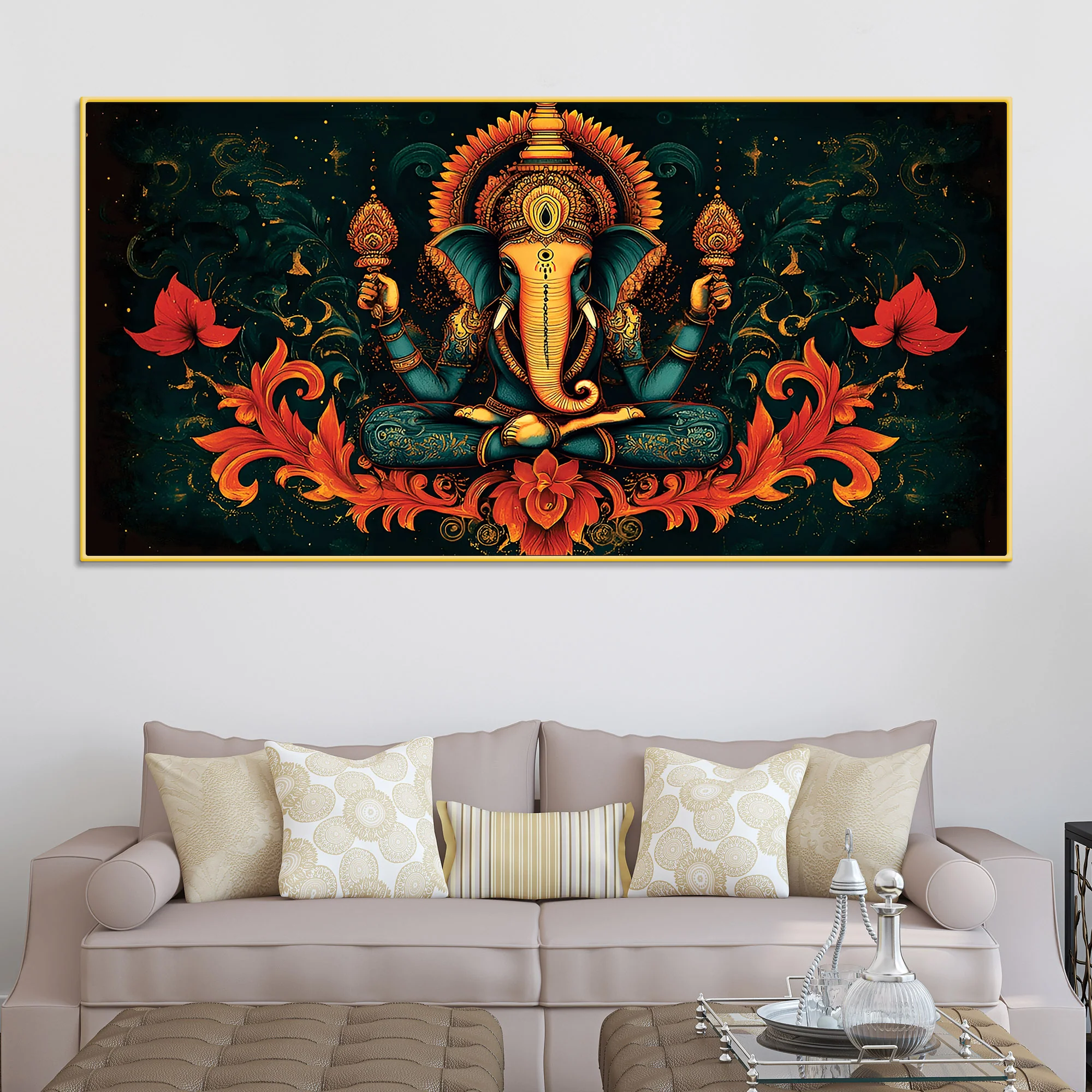 Premium Artistic Lord Ganesha Floral Exclusive Art Canvas Wall Painting for Home & Office Spaces – Modern Religious Wall Art - Image 3