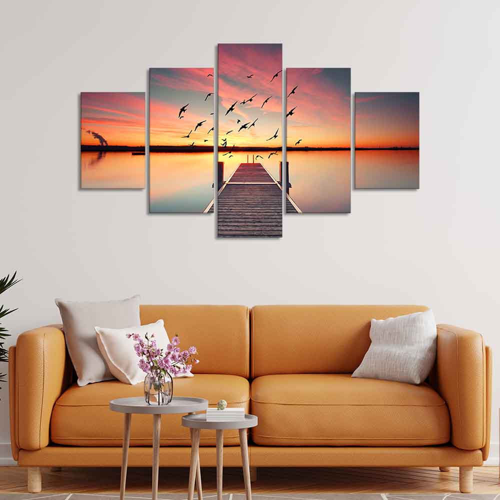 Premium Beautiful Sunset Horizon Canvas wall Painting of Five Pieces - Image 2