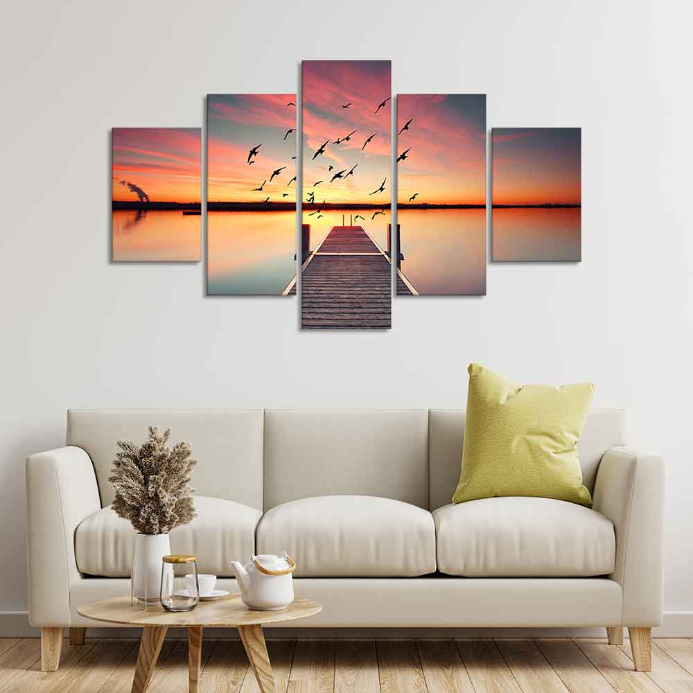 Premium Beautiful Sunset Horizon Canvas wall Painting of Five Pieces - Image 3