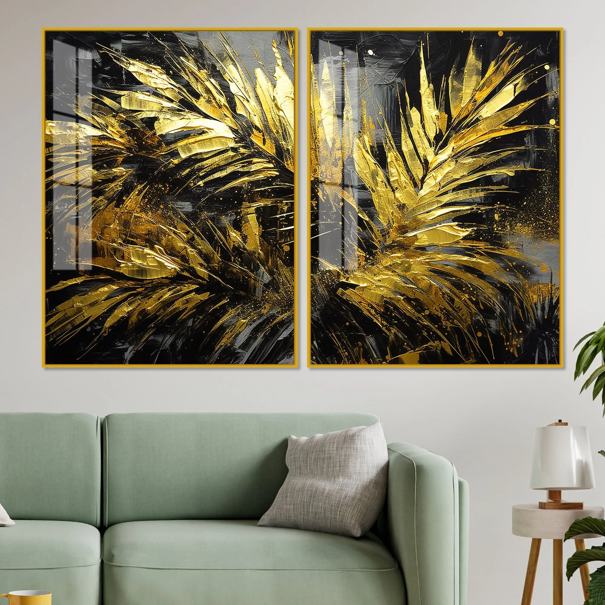 Premium Black and Shiny Gold Palm Leaves Acrylic Floating Wall Painting Set Of 2 - Image 2
